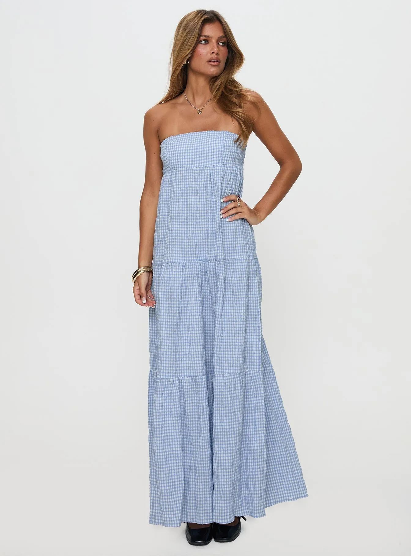Day Fit Polished and Elegant Wynnie Strapless Maxi Dress Blue Check
