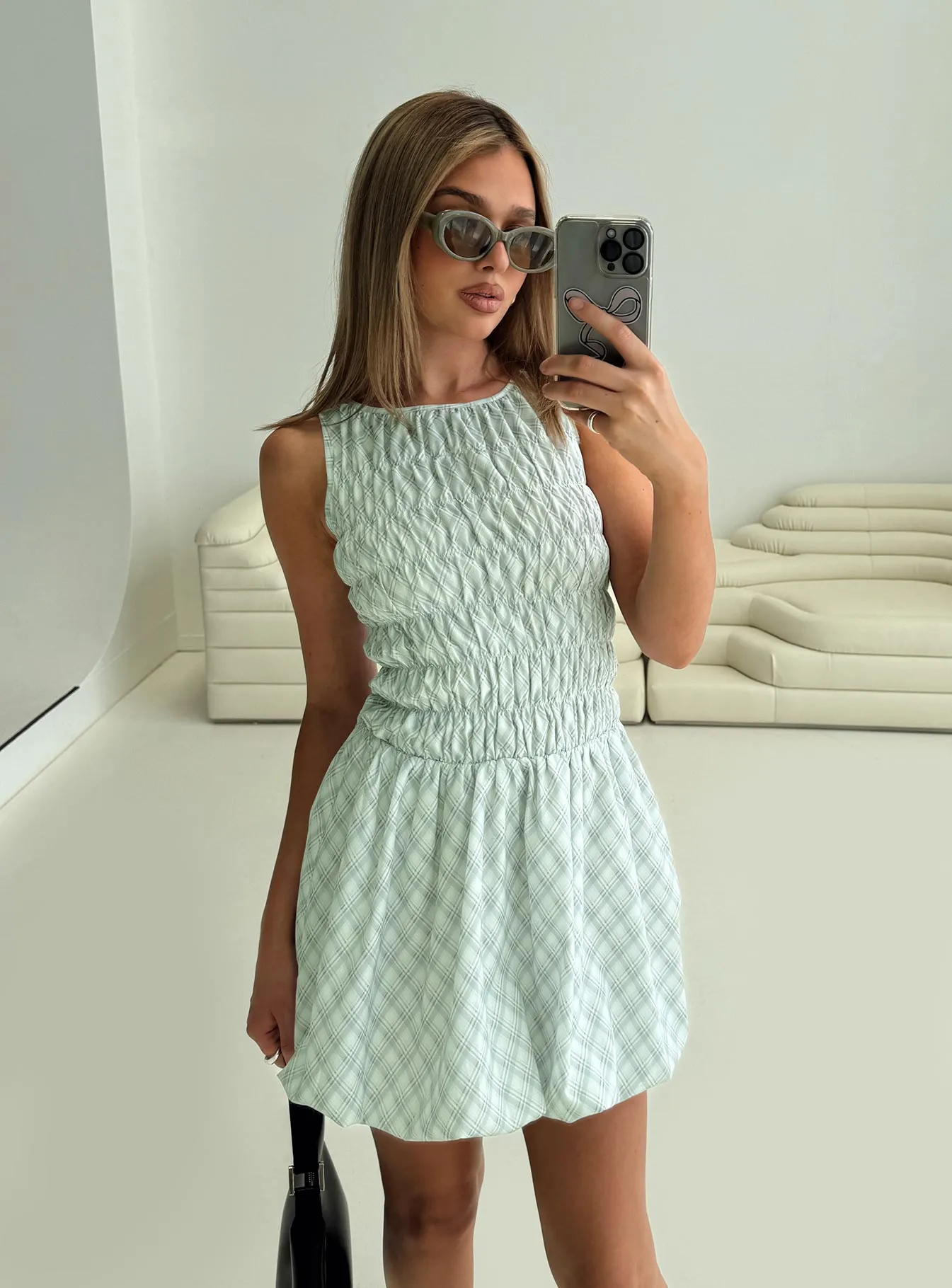 Relaxed Fit Design Soft-touch daywear Demure Shirred Bubble Hem Mini Dress Check