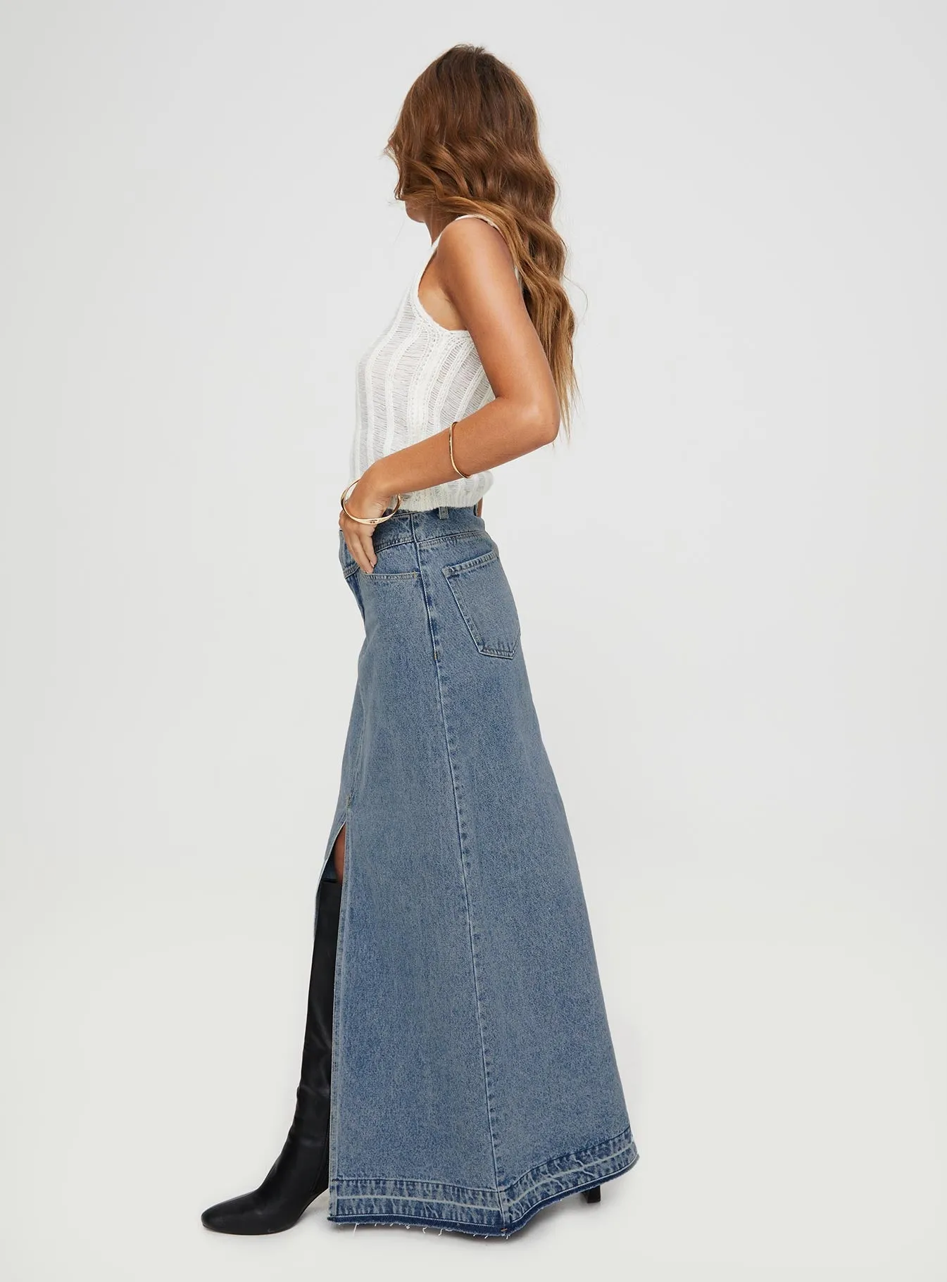 Subtle Detail Deneuve Denim Maxi Skirt Mid Wash