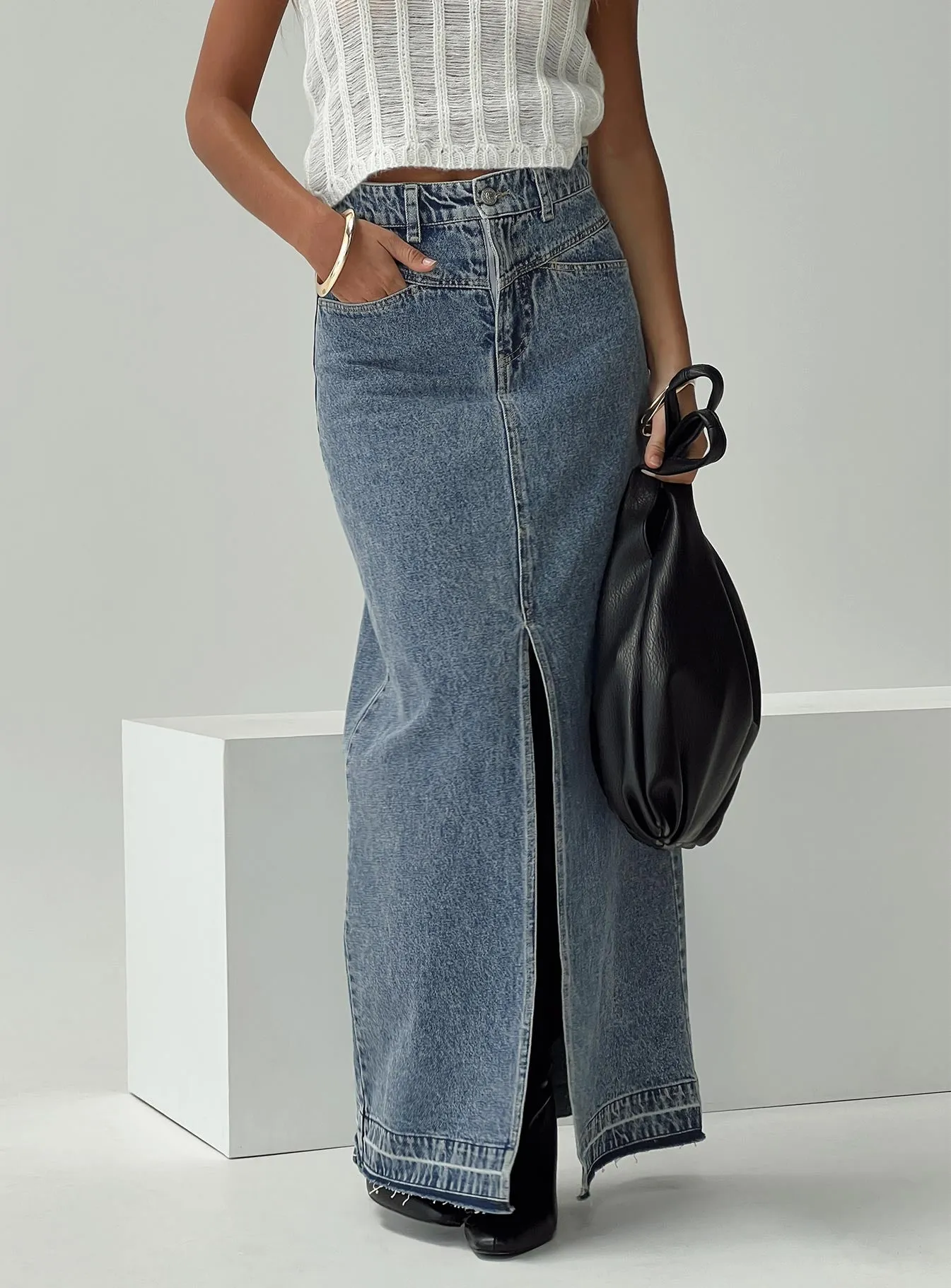 Chafe Resistant Deneuve Denim Maxi Skirt Mid Wash