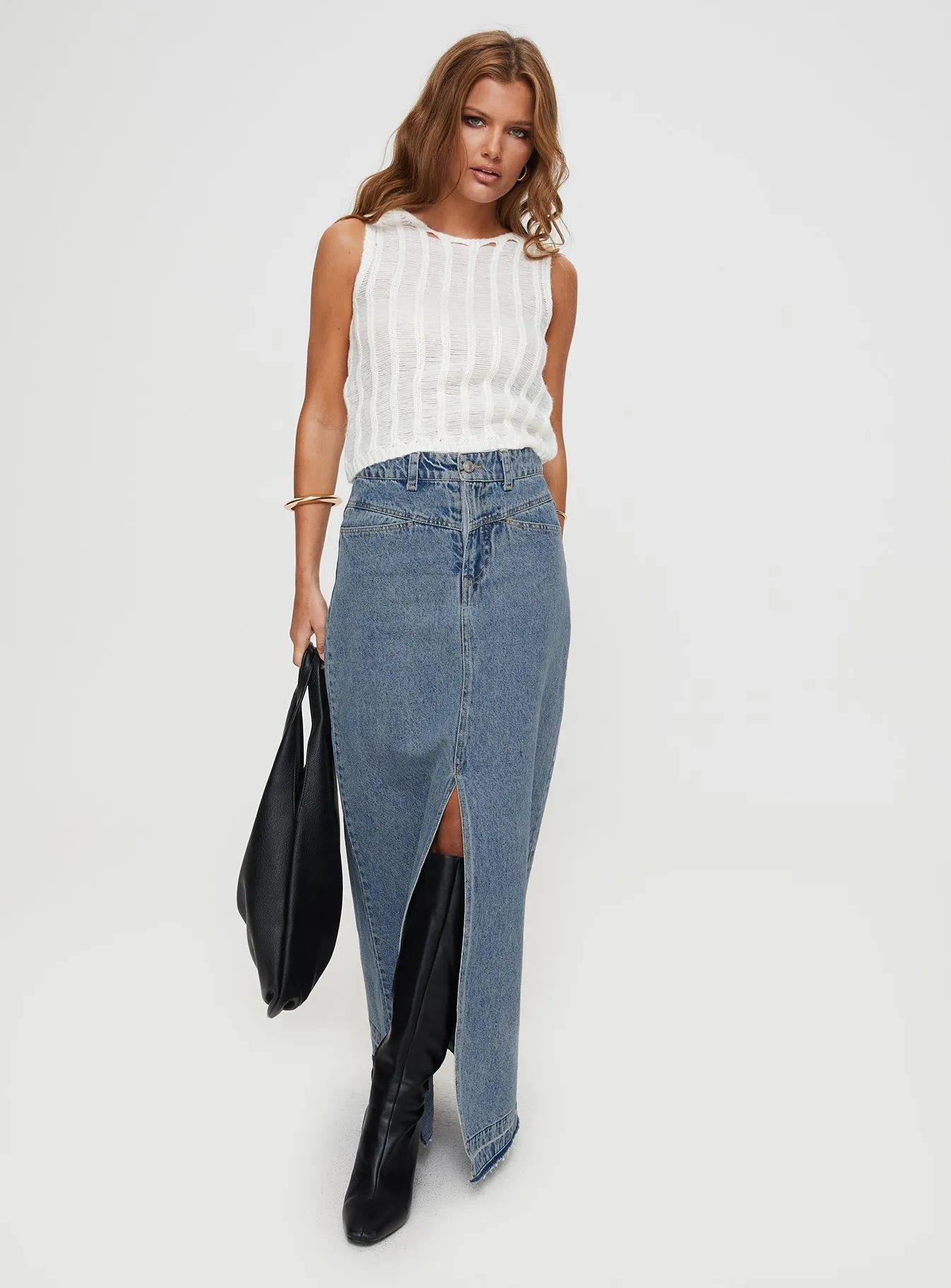 Deneuve Denim Maxi Skirt Mid Wash Ruching Details Flowy Drape