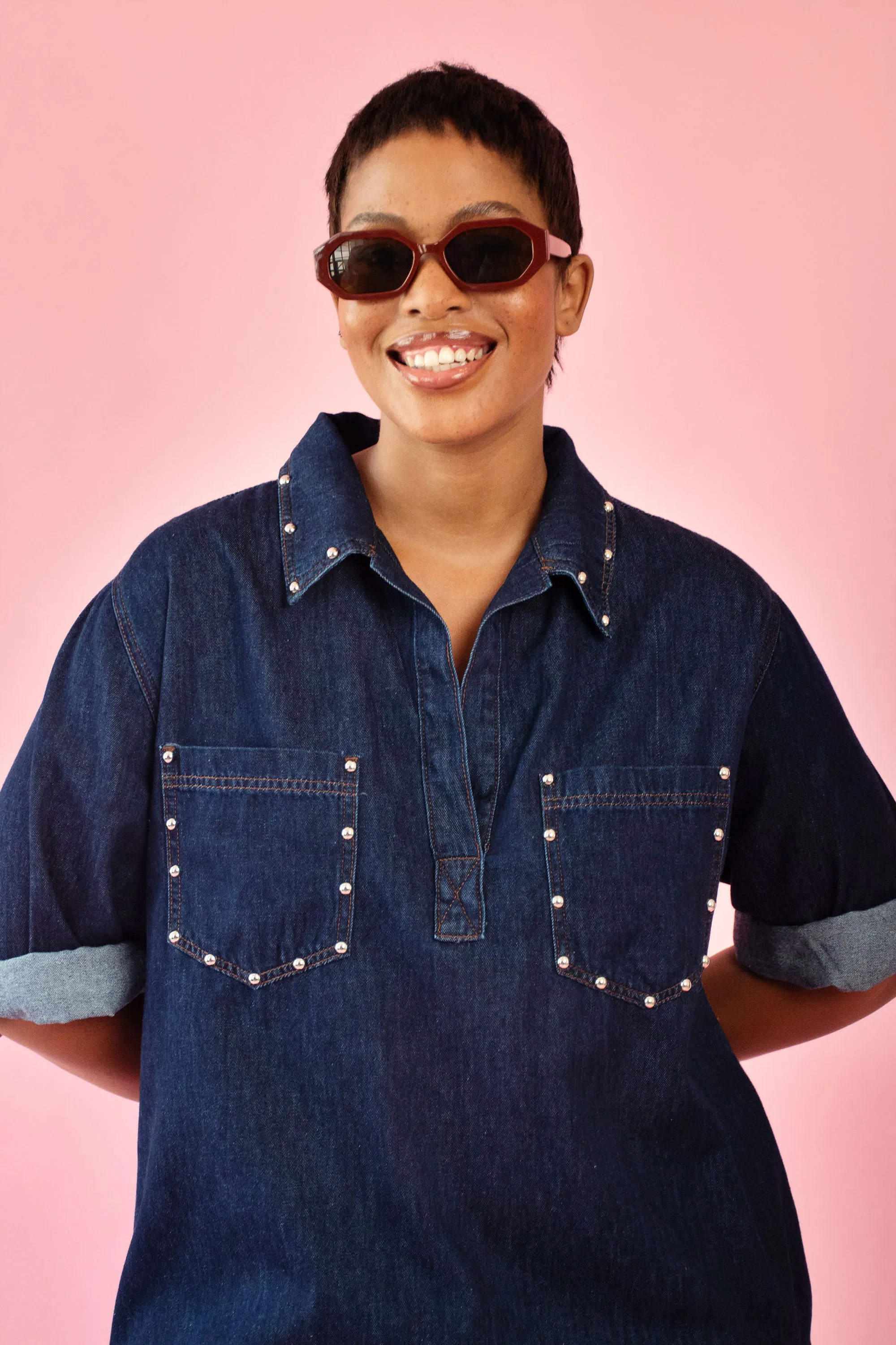 Trendy Vibes Denim Tunic Dress with Stud Details