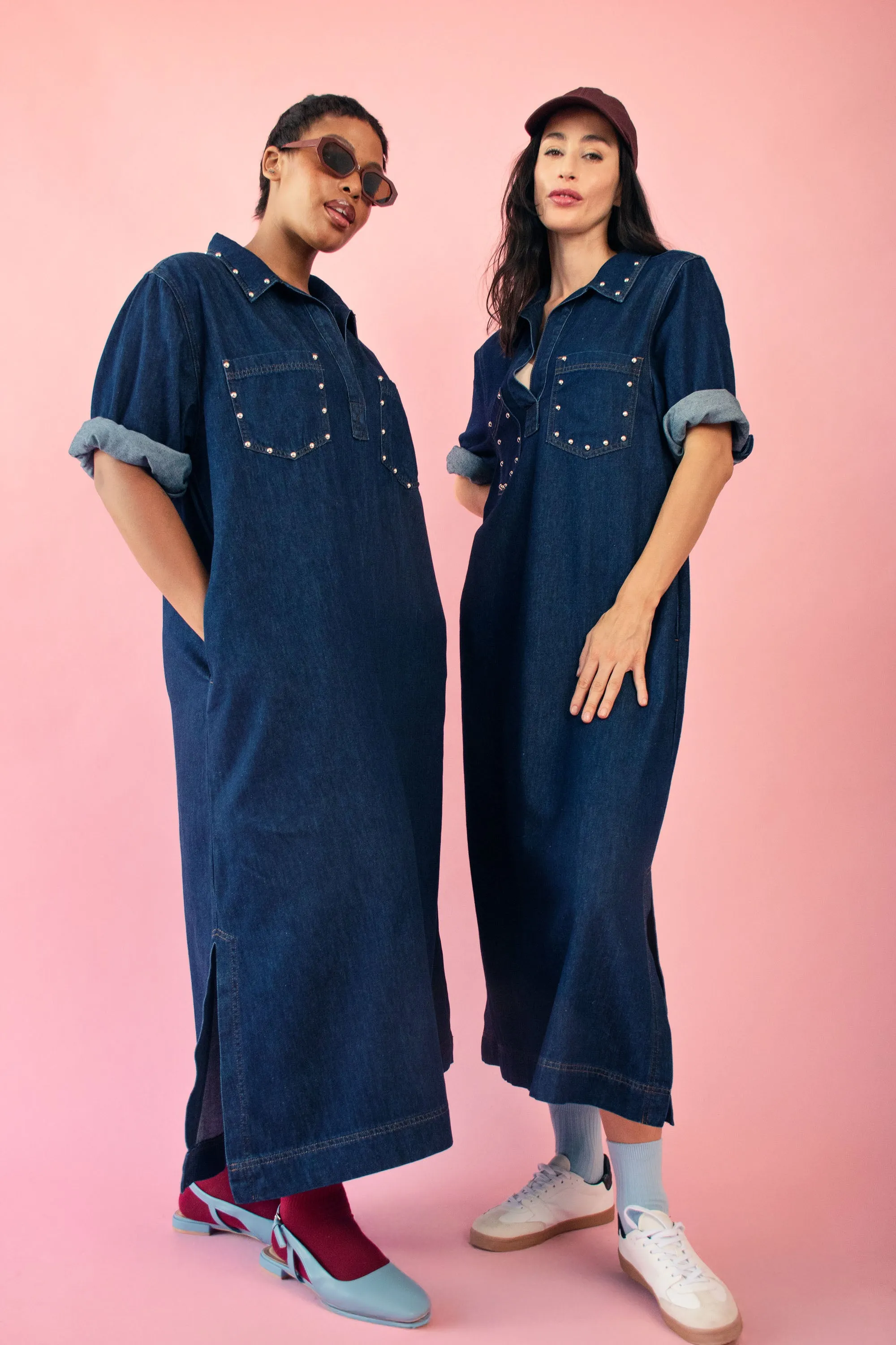 Comfy and Elegant Shimmer-Finish Denim Tunic Dress with Stud Details