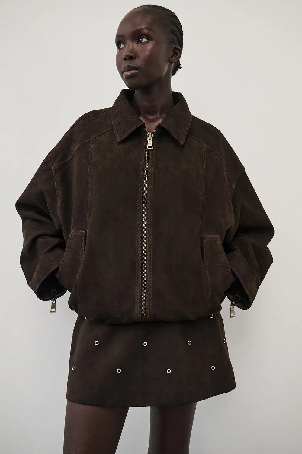 DENVER BITTER CHOC SUEDE LEATHER BOMBER JACKET Reinforced Seam Durability snap closure