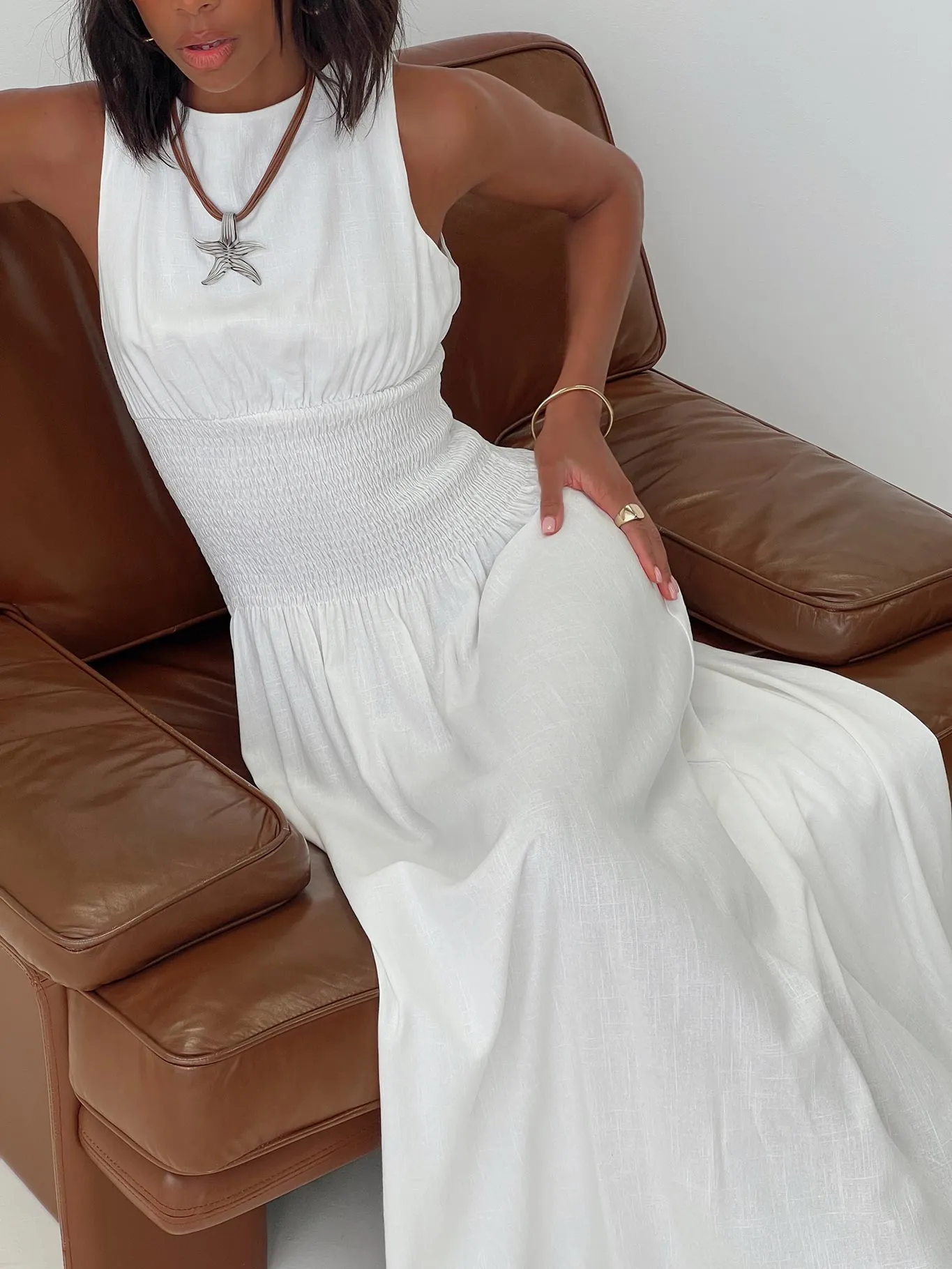 Clean Grace Lilienne Shirred Maxi Dress White