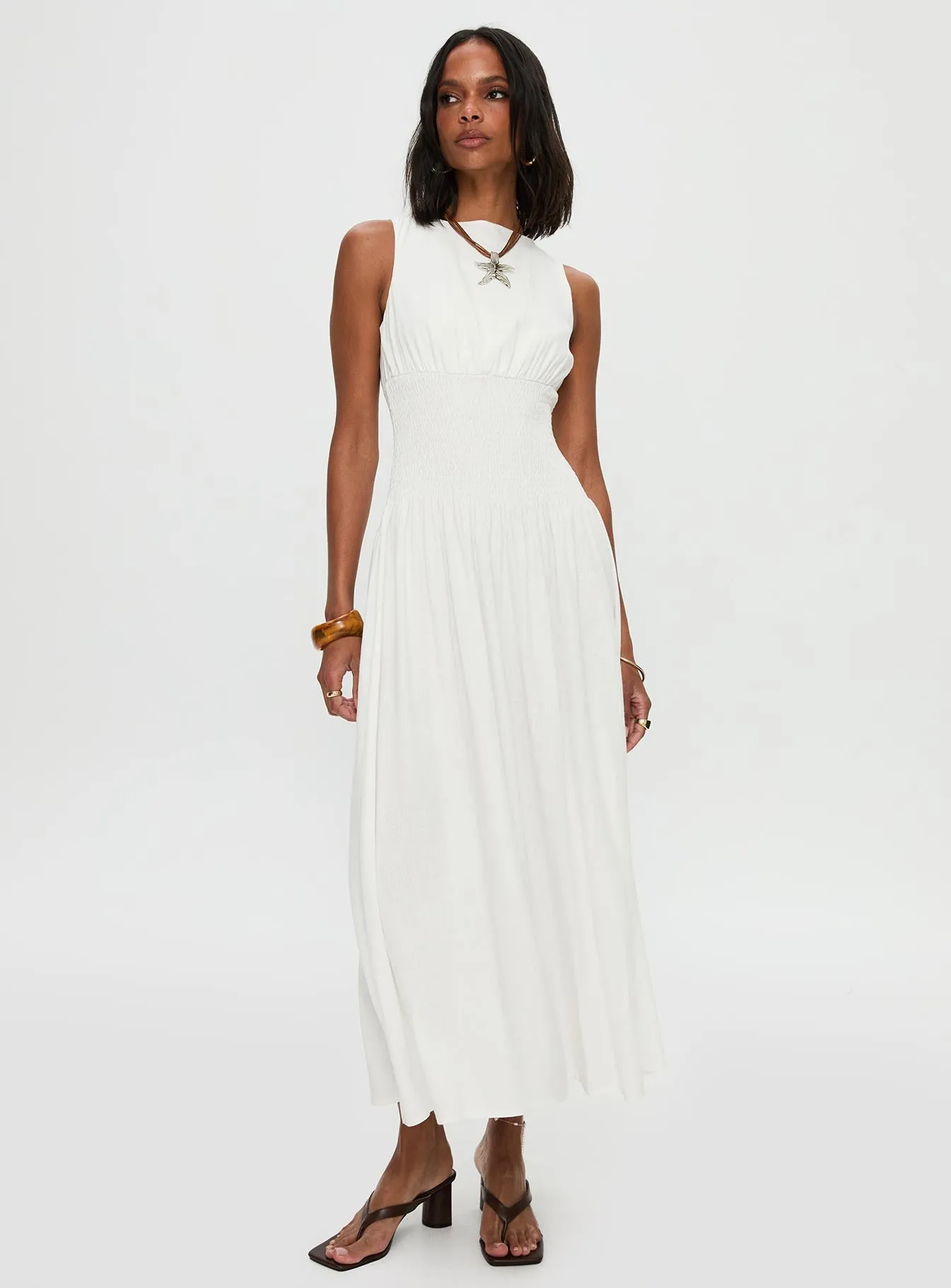 Belted-Style High-waisted evening piece Lilienne Shirred Maxi Dress White