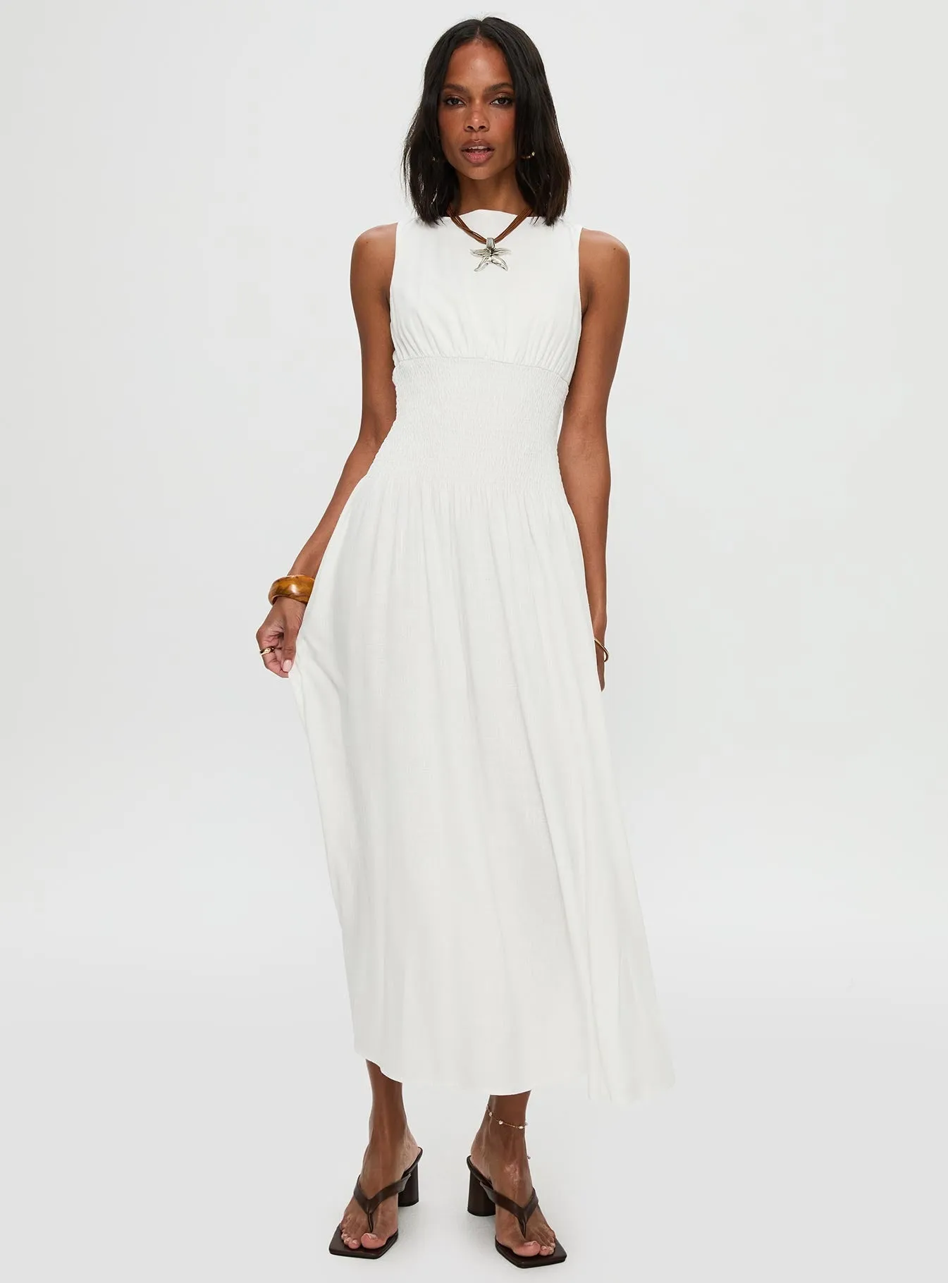 Smooth Detail Lilienne Shirred Maxi Dress White