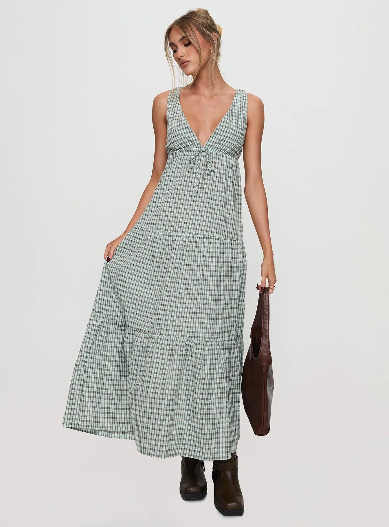 Clean Chic Dipsie Maxi Dress Blue / Brown Check