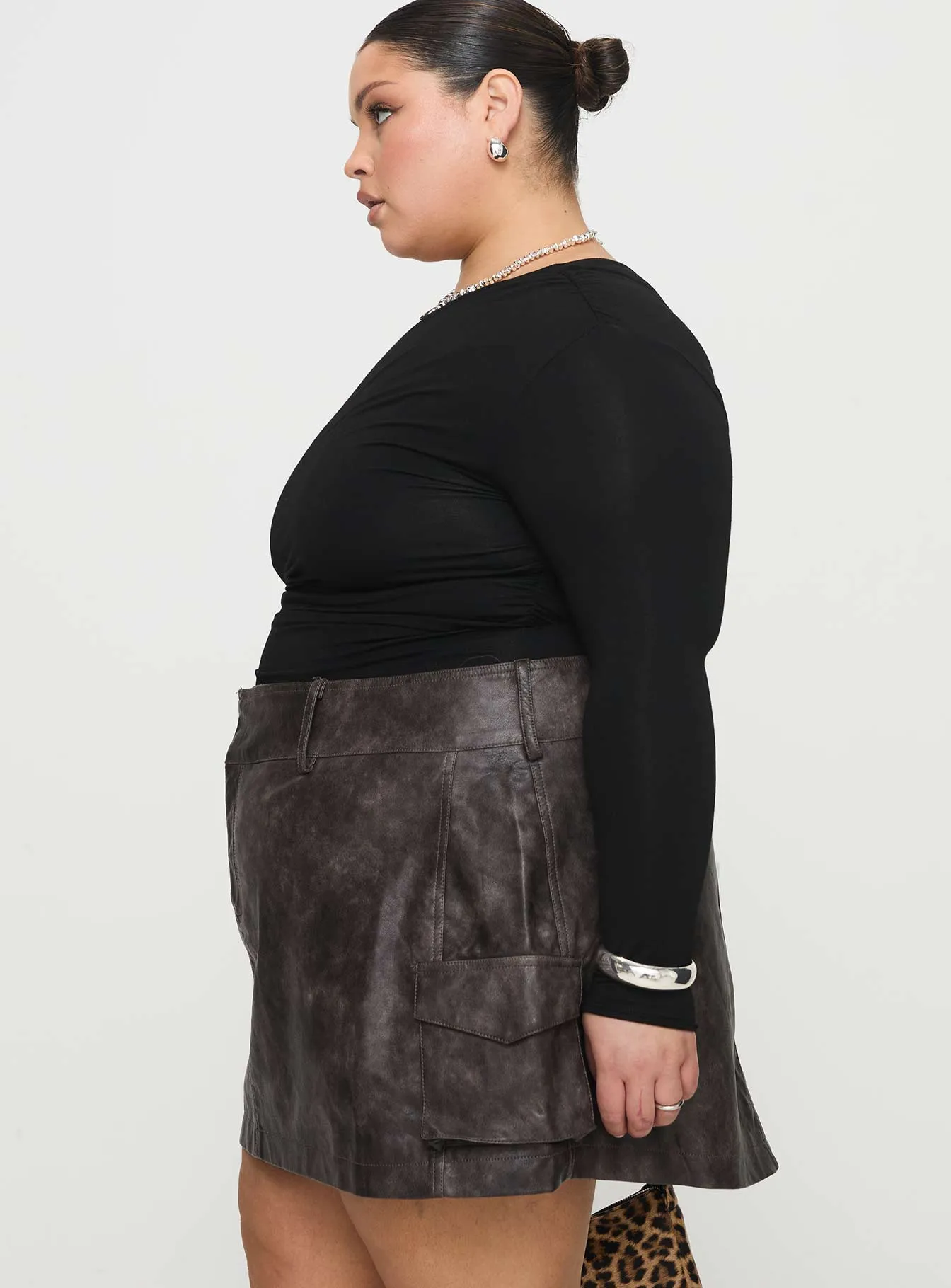 Domenic Faux Leather Mini Skirt Washed Black Curve Fold Over Detail