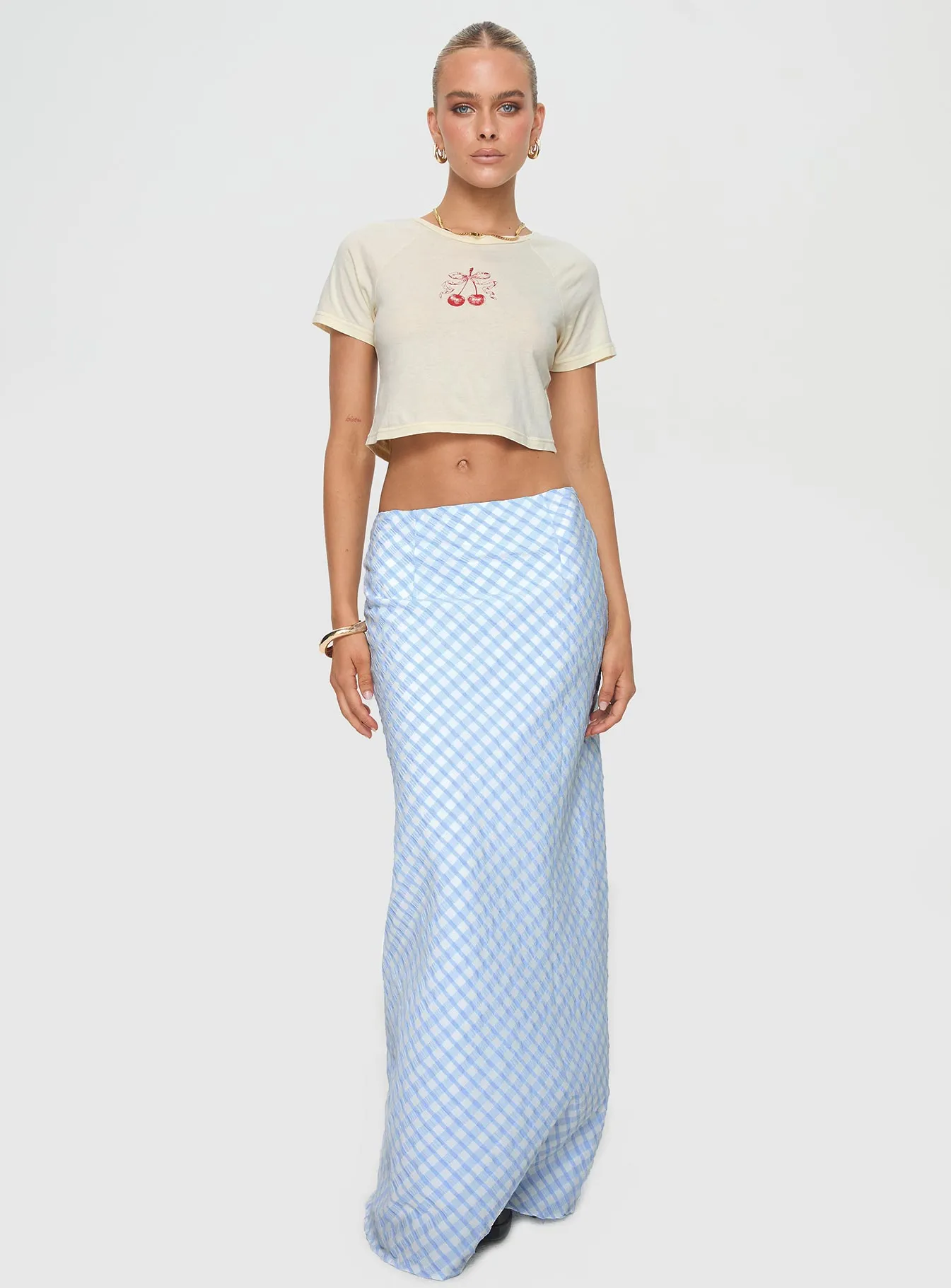 Dont Touch Maxi Skirt Blue Gingham Drawstring closure Ombre effect