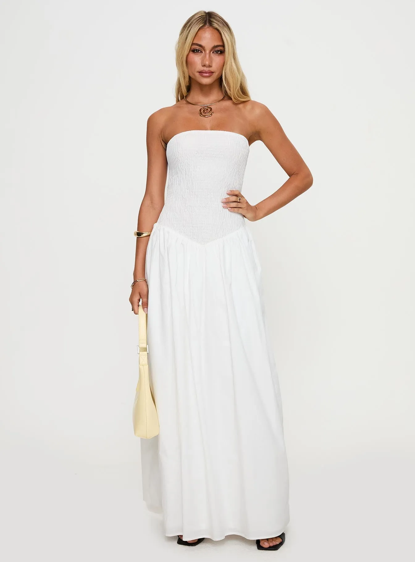 monochrome Stream Cut Percie Strapless Maxi Dress White
