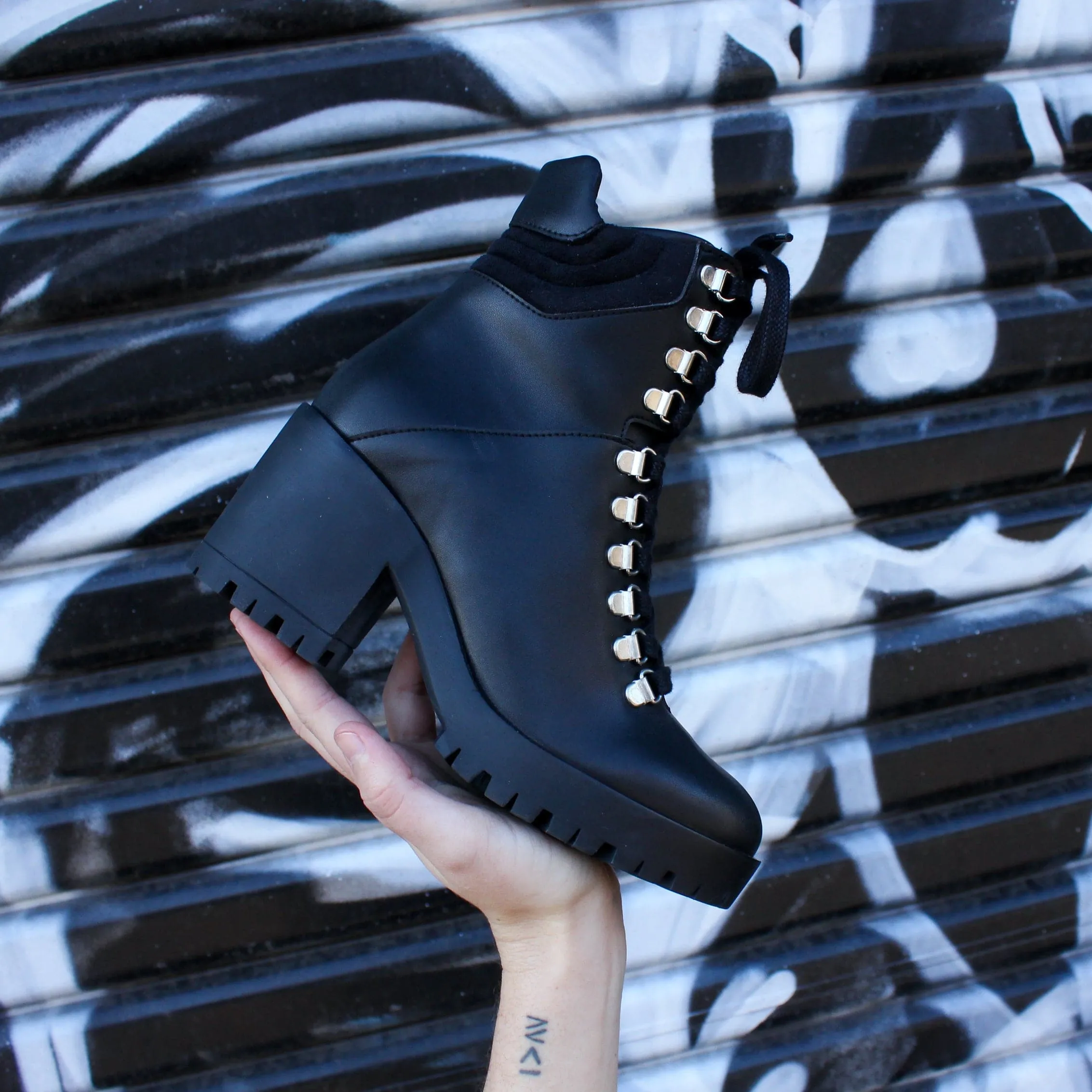 Work Terrain Seamless Comfort Night Travel 'Pina' vegan-leather lace-up heeled boot for women by Zette Shoes - black