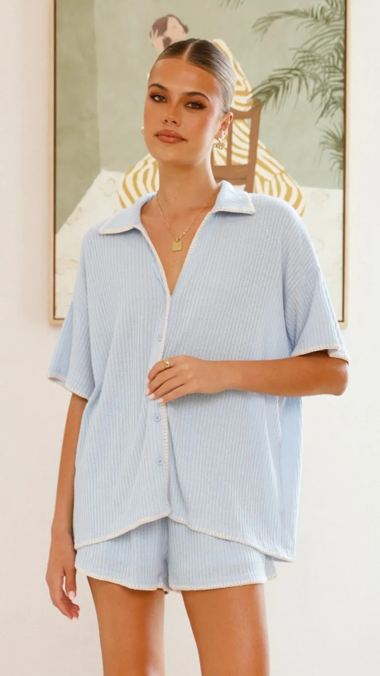 Relaxed Crew Neck Eden Knit Top and Shorts Set - Blue