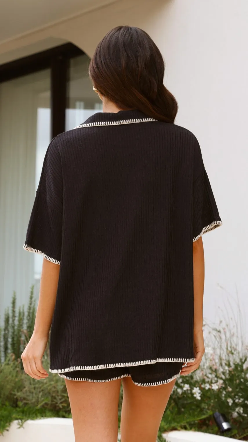 Soft Layer Relaxed Comforted Eden Knit Top and Shorts Set - Black