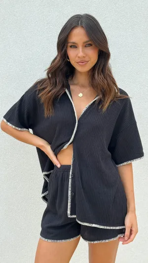 Eden Knit Top and Shorts Set - Black Breathable Openwork Knit