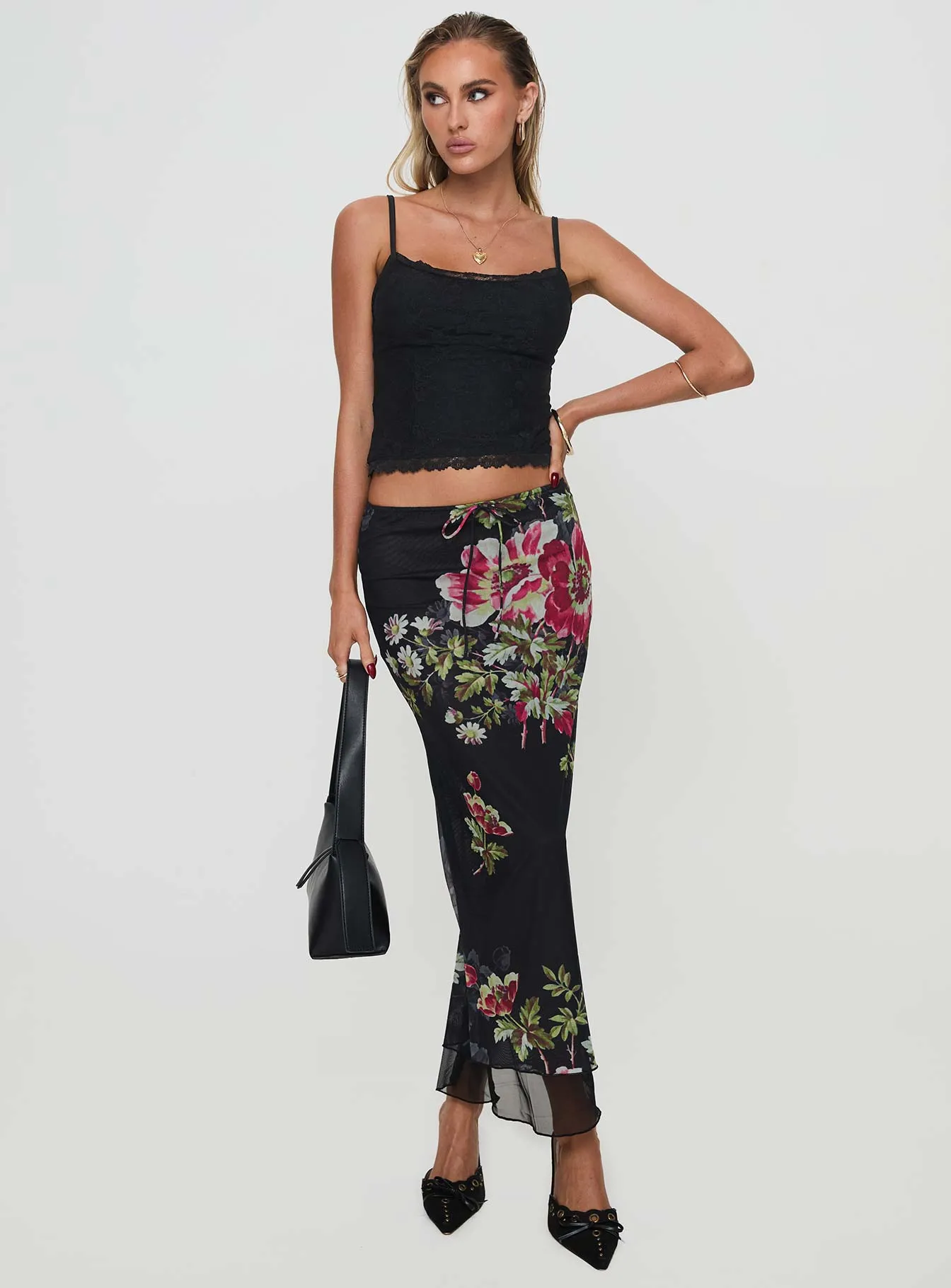 Relaxed Motion Wearable Art Paganio Maxi Skirt Black Floral