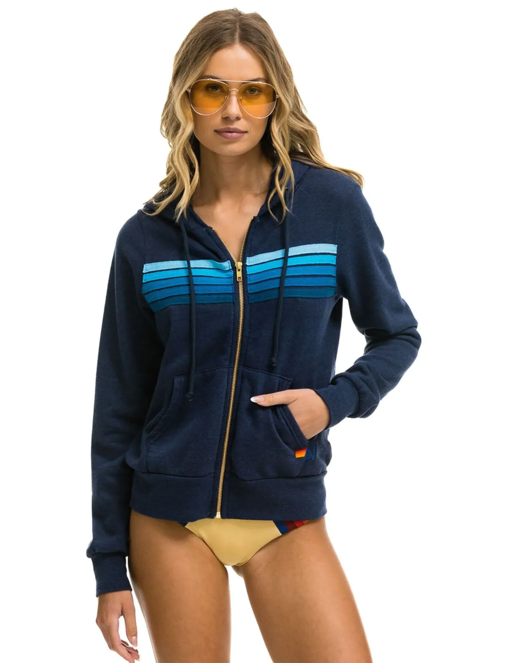 bead accents 5 Stripe Zip Hoodie, Navy/Blue