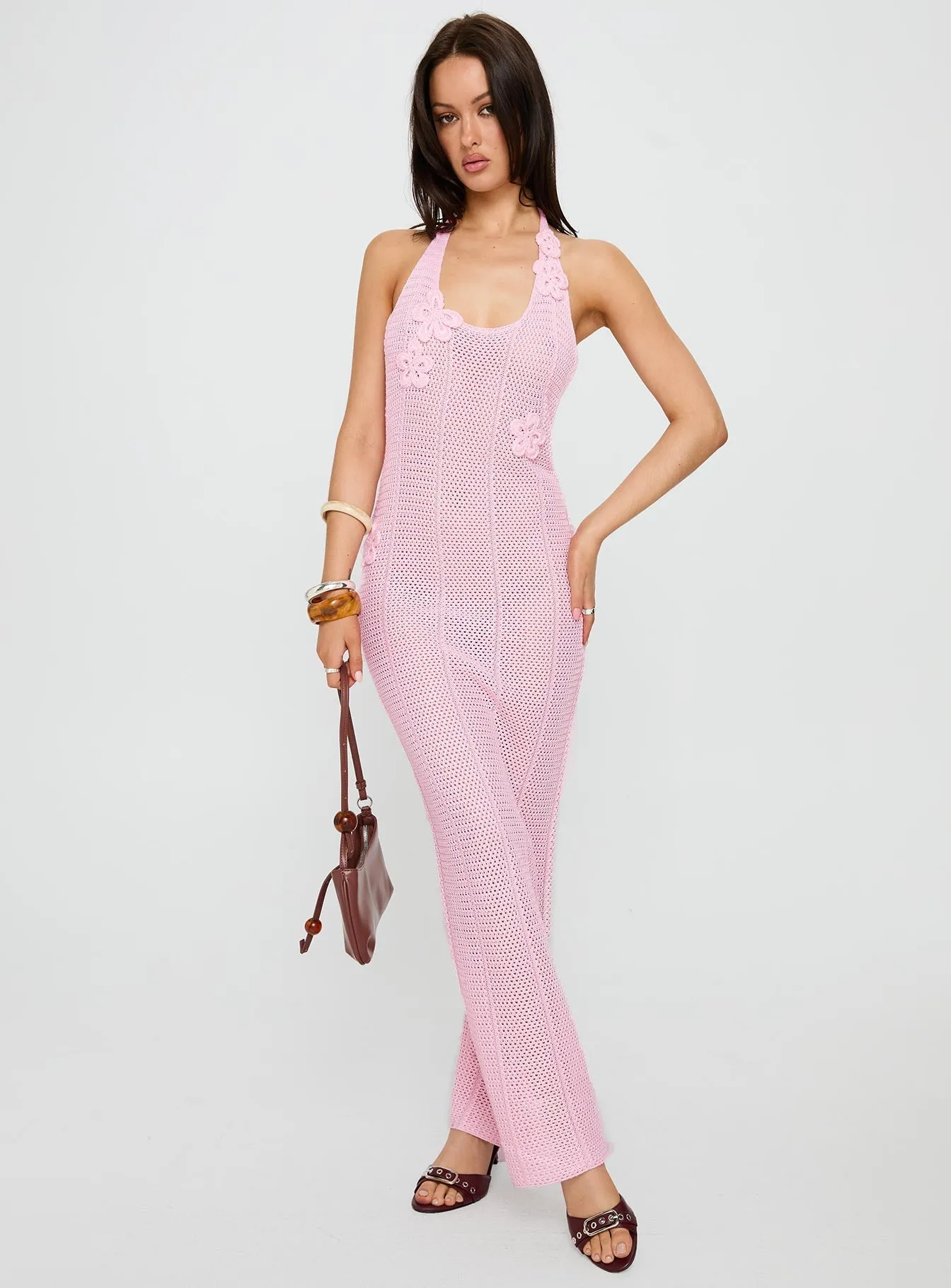 Delicate Tone Cozy Mood Nalanie Halter Crochet Maxi Dress Pink