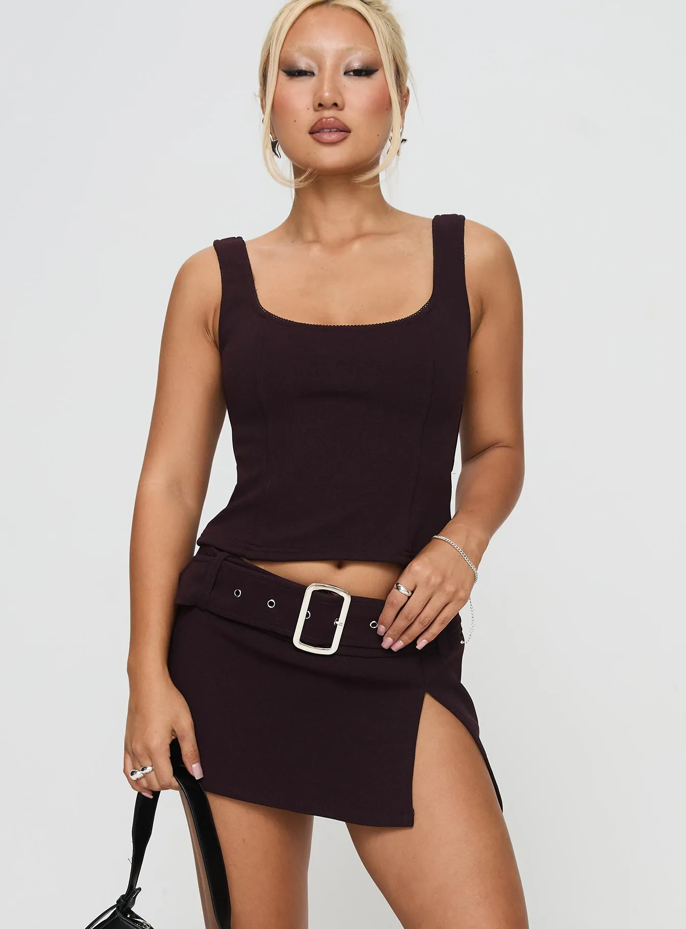 Genessa Belted Micro Mini Skirt Wine Ventilated Panels Sustainable