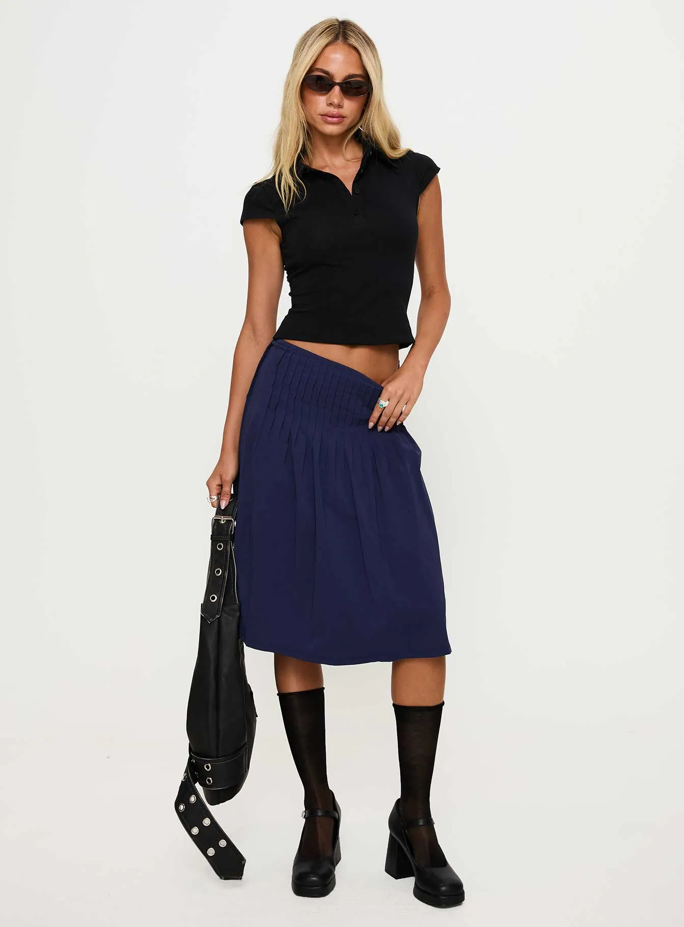 Elaila Pleat Midi Skirt Navy Gentle Flow