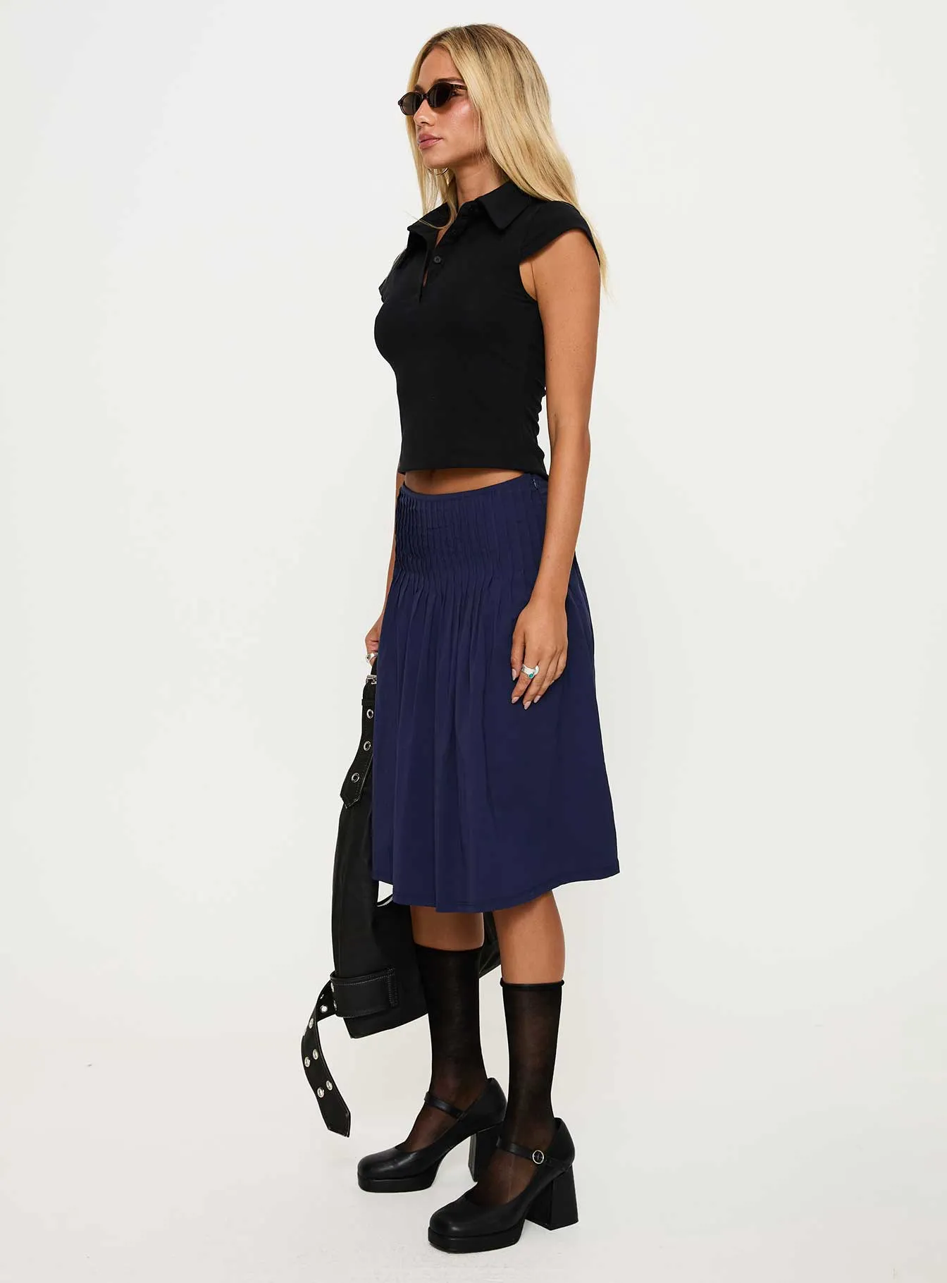 Cultural Heritage Abstract Motif Elaila Pleat Midi Skirt Navy