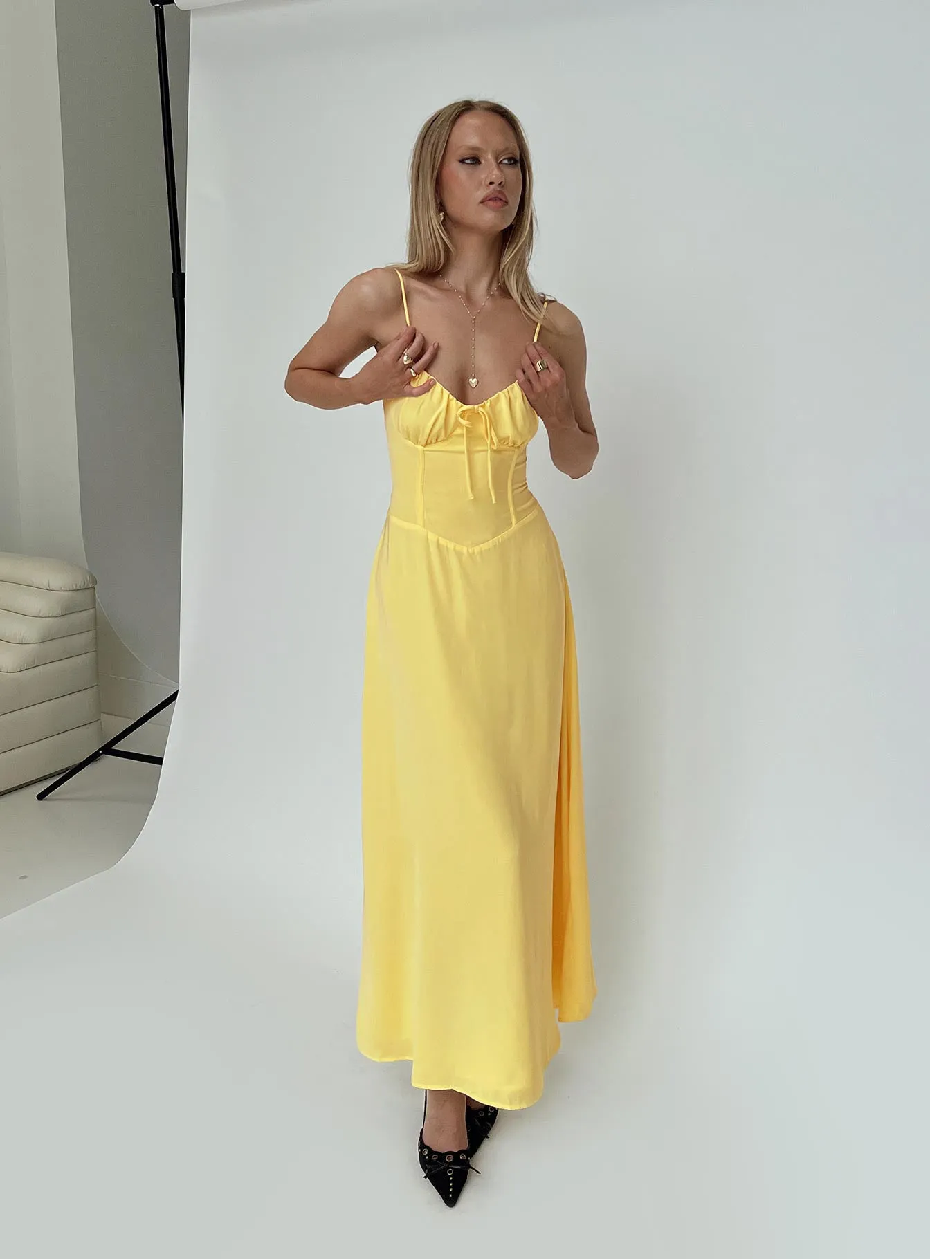 Eleanora Maxi Dress Lemon Yellow Metallic Finish Trendy Piece