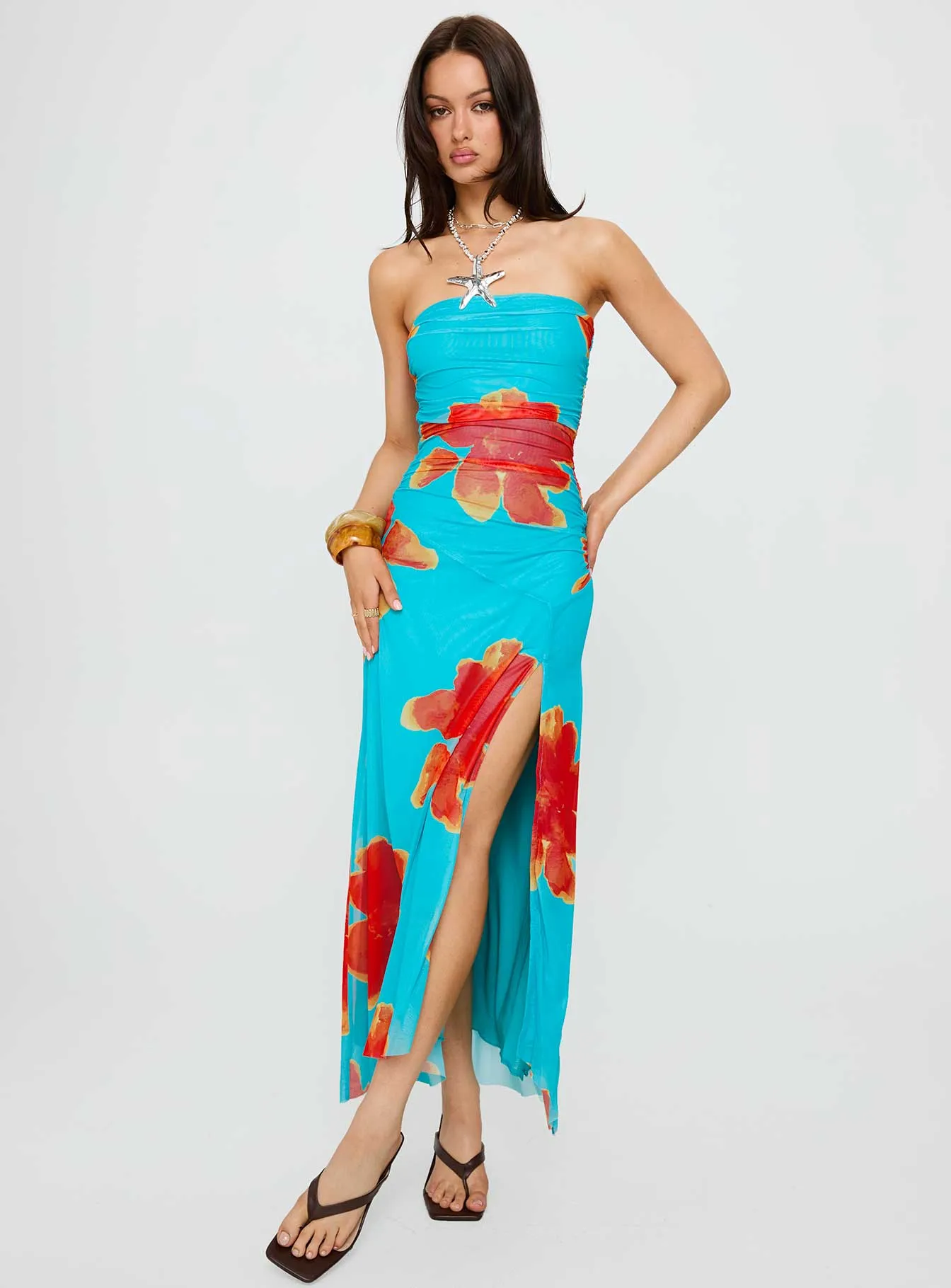 Silky Shine City Style Katara Strapless Maxi Dress Blue / Orange Floral