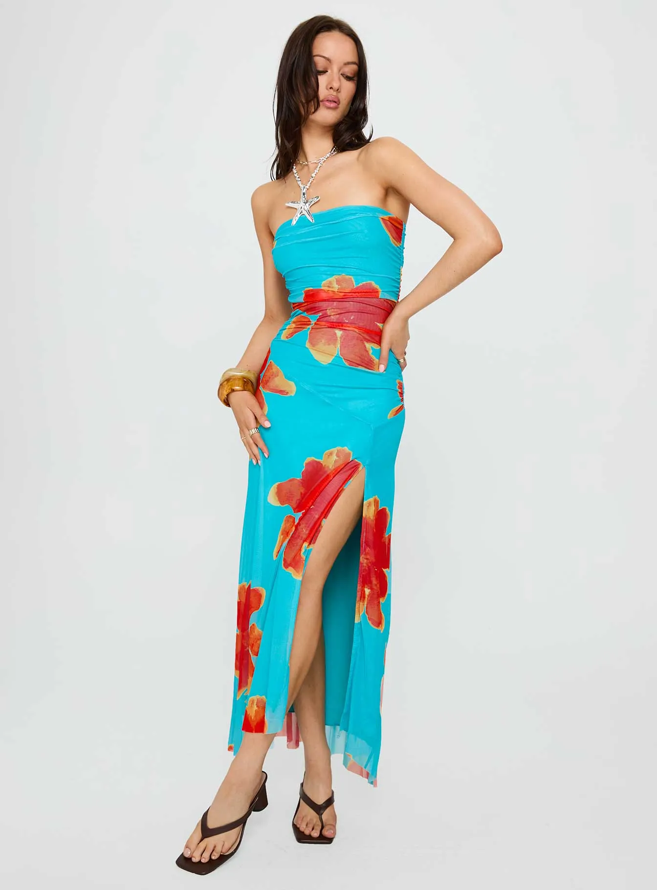 Matte Fabric Katara Strapless Maxi Dress Blue / Orange Floral