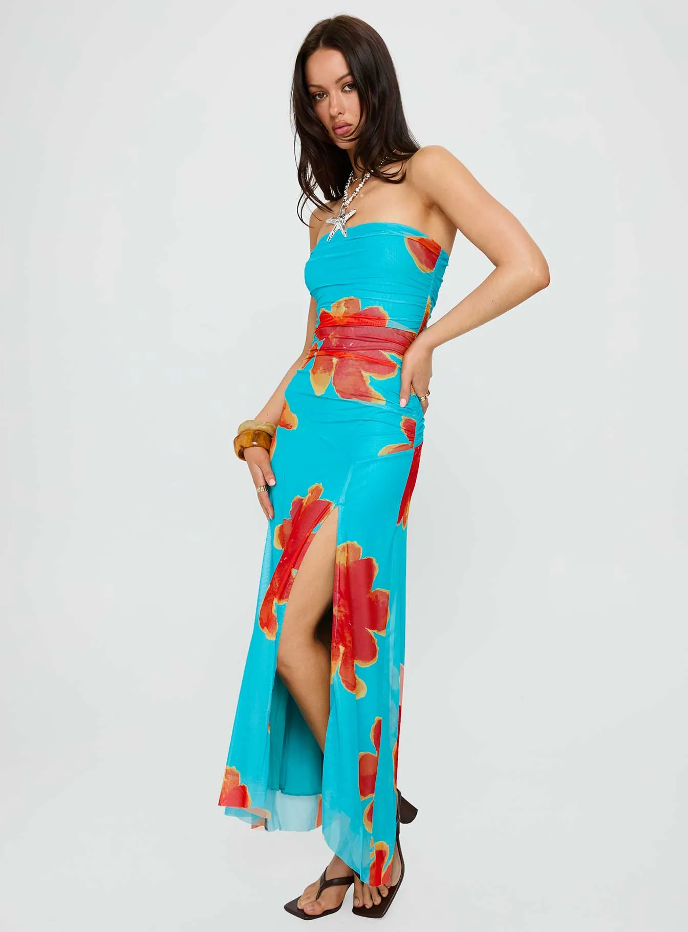 Workwear Katara Strapless Maxi Dress Blue / Orange Floral