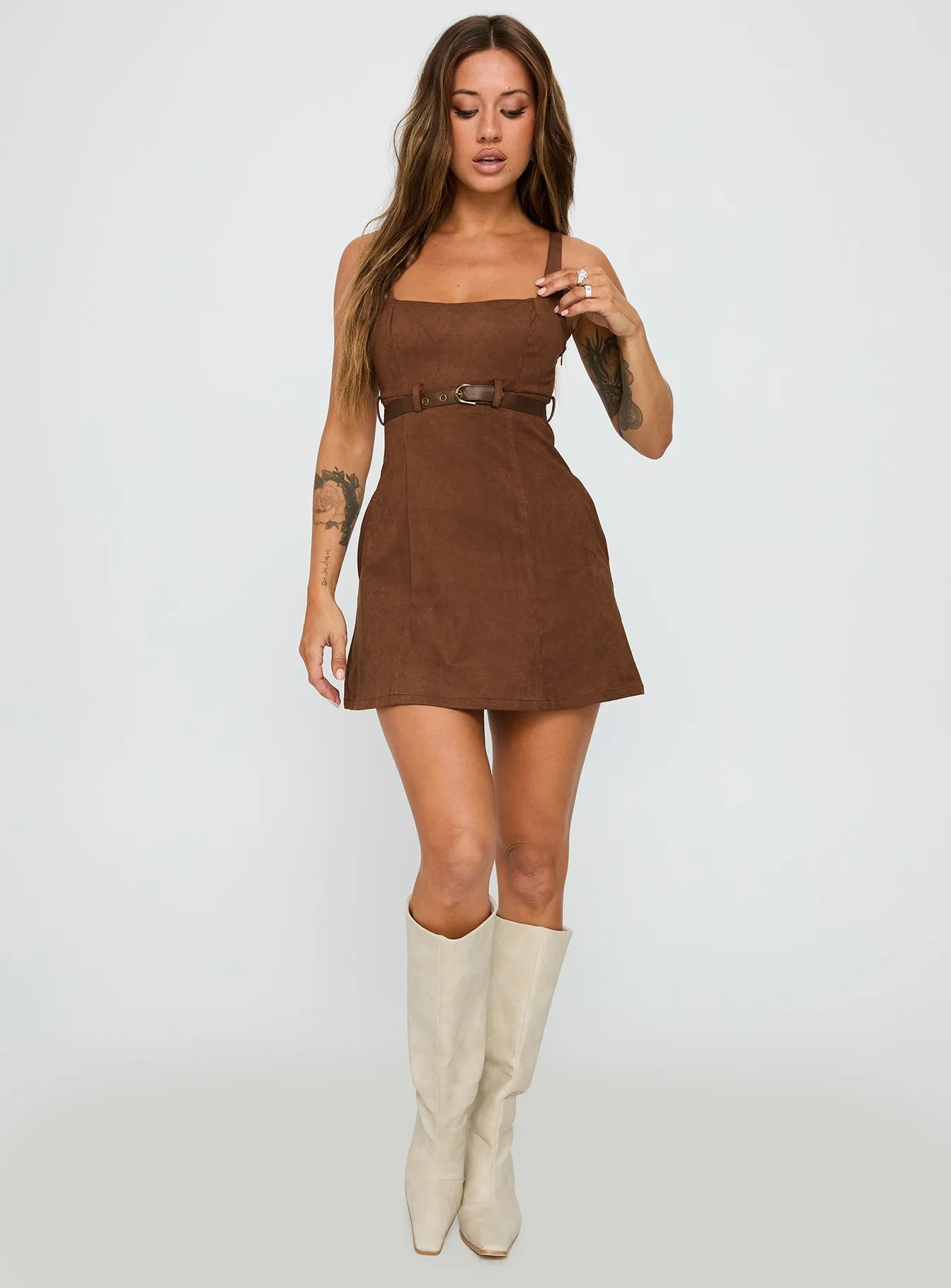 Form Flow Way Back In Faux Suede Mini Dress Brown