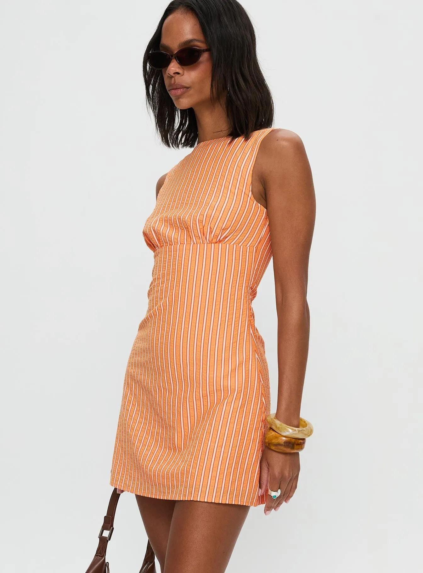 Day Romance Elegant Motion Ellesandra Boat Neck Mini Dress Orange Stripe