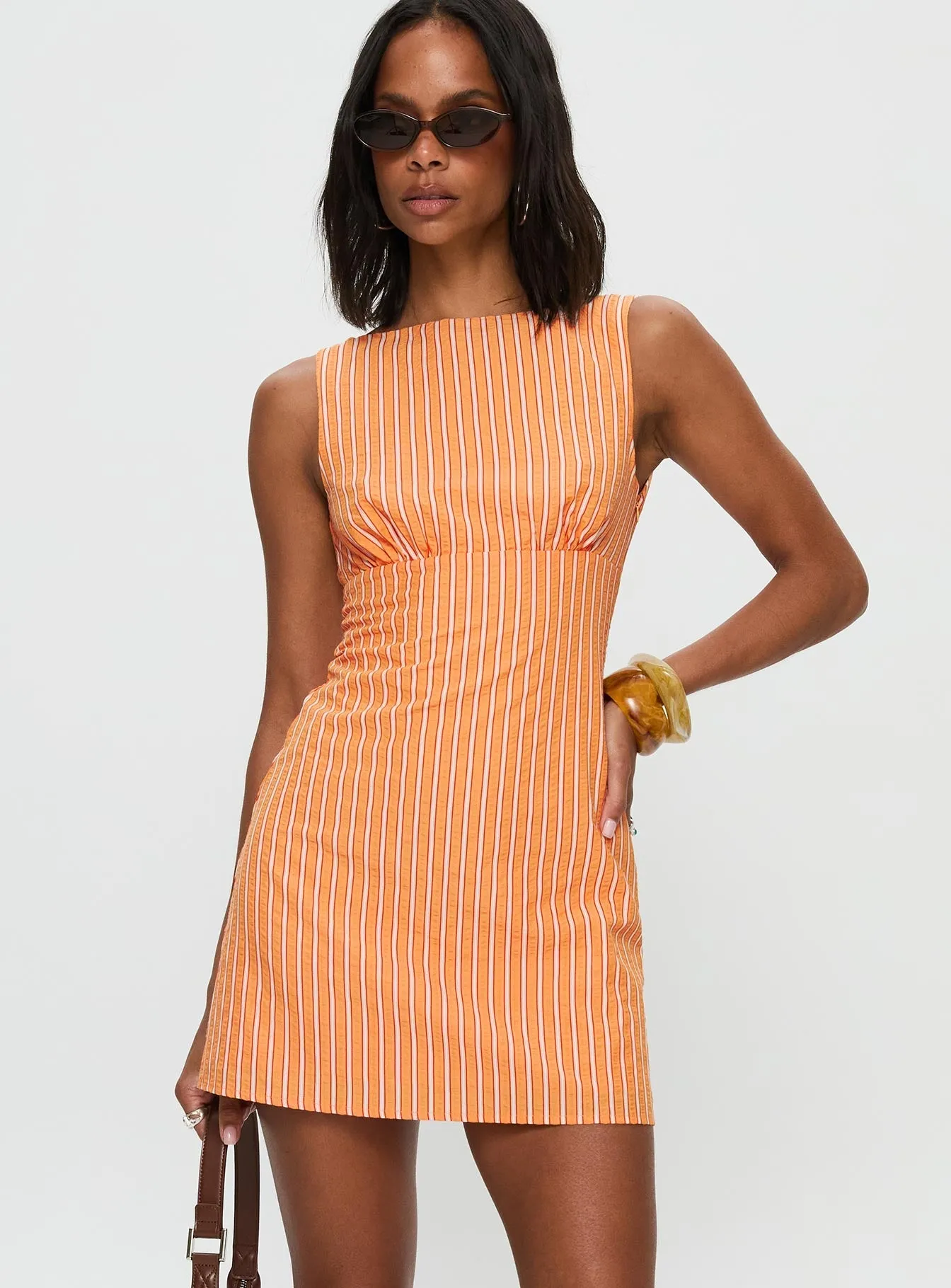 Minimalist-Style Ellesandra Boat Neck Mini Dress Orange Stripe