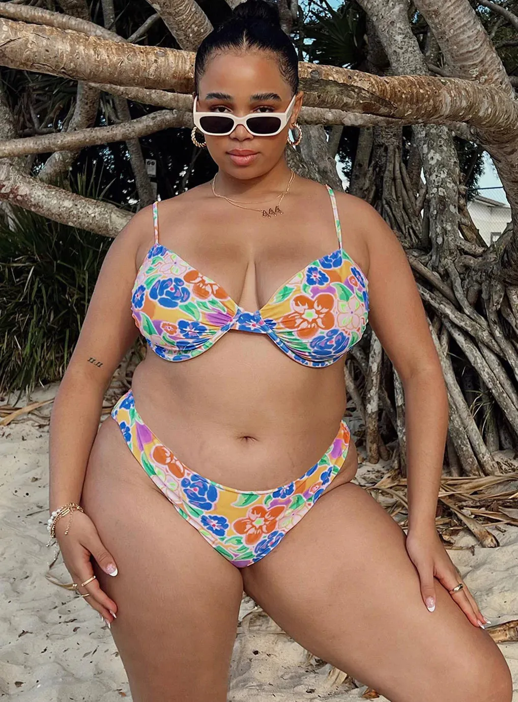 Ellie Bikini Bottoms Multi Floral Curve Minimalist Stitching Trendy-Prints