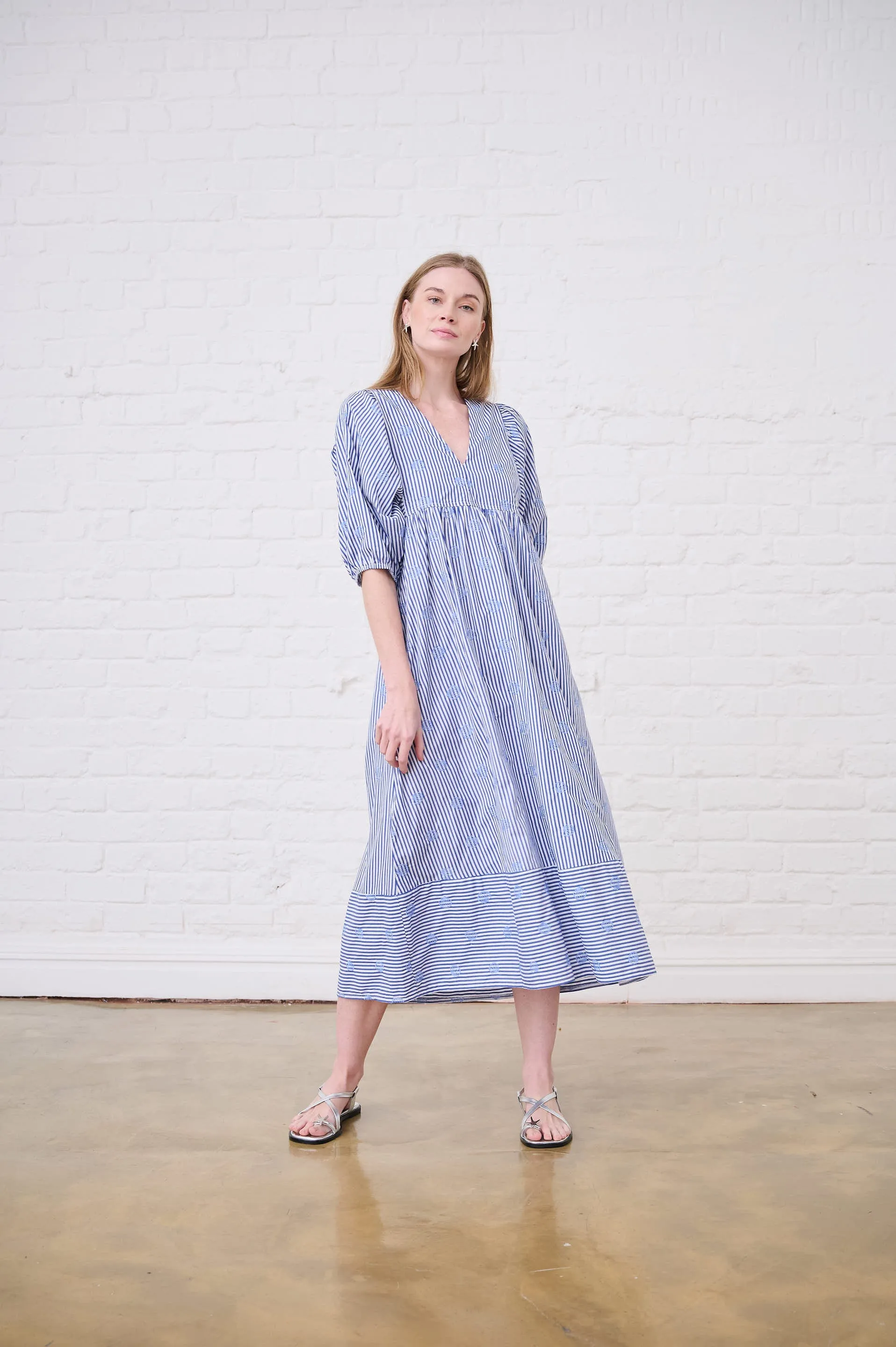 Joyful Look Comfortable and Chic Embroidered Seashell Stripe Tunic Dress