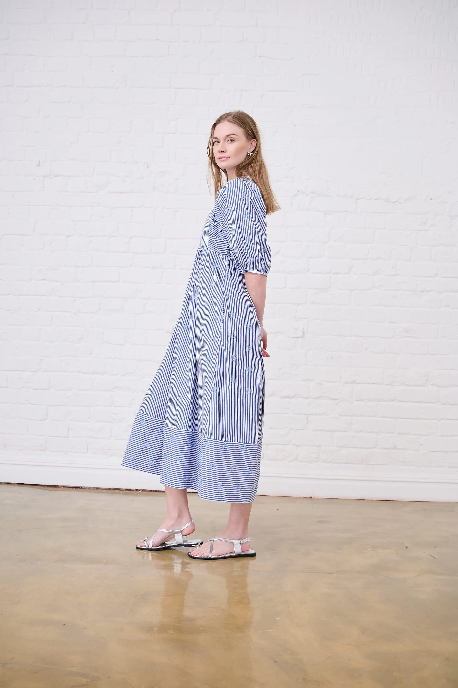 Embroidered Seashell Stripe Tunic Dress Soft Silhouette