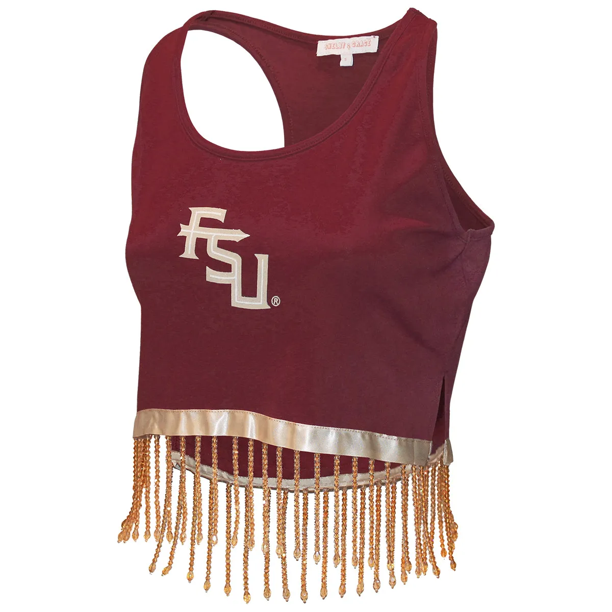 Emerson Street Women's Stacked FSU Glitter Design Rhinestone Fringe Racerback Tank - Garnet/Gold unloading continuous operation