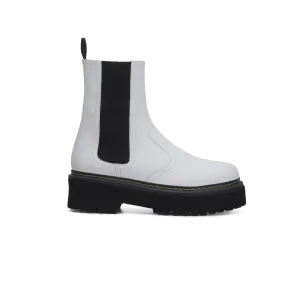 Wear resistant 'Emma' white vegan-leather chelsea boot with stacked sole by Zette Shoes