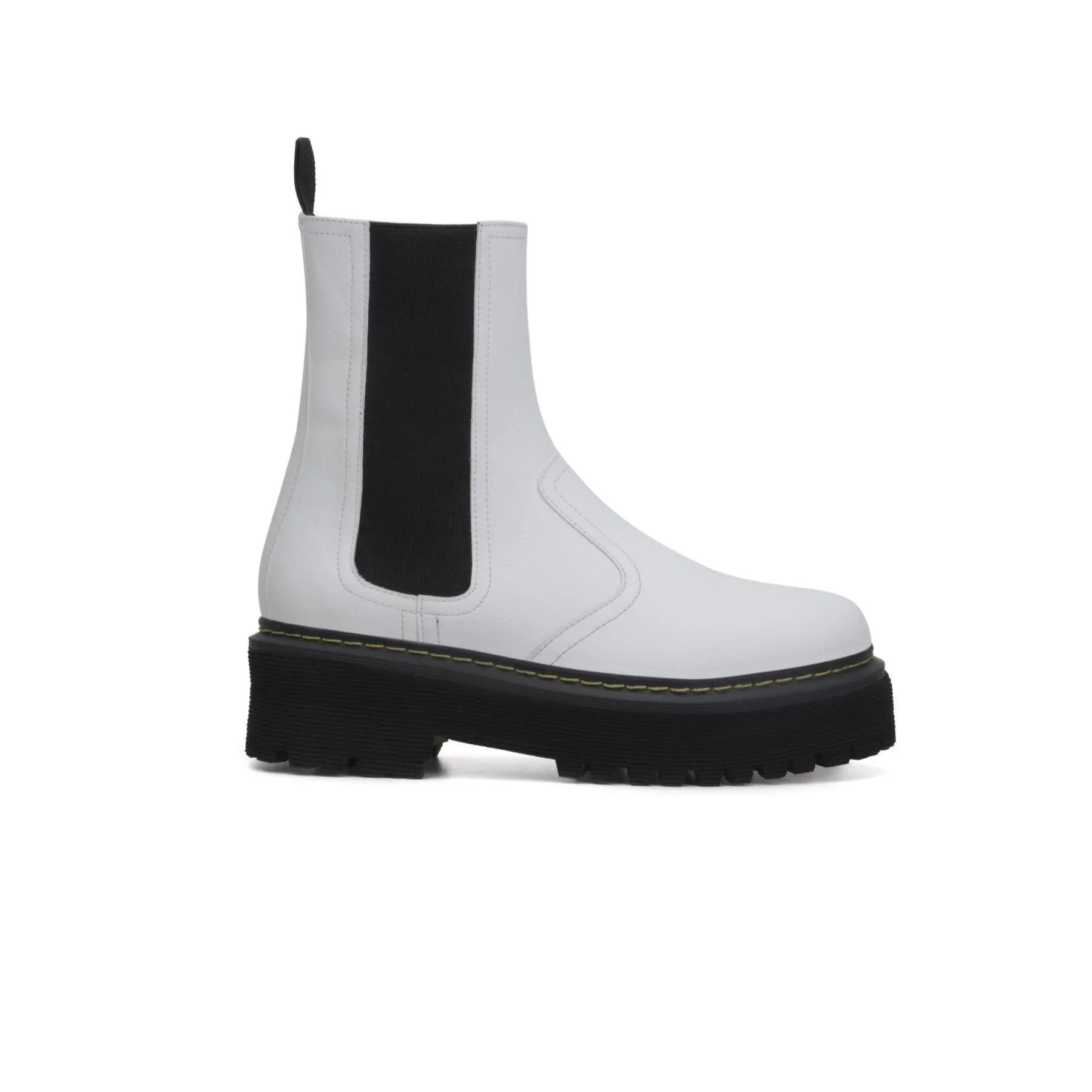 Wear resistant 'Emma' white vegan-leather chelsea boot with stacked sole by Zette Shoes