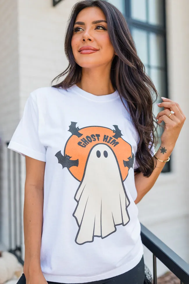 Ghost Him White Graphic Tee SALE Comfy Casual SoftenedNeckline