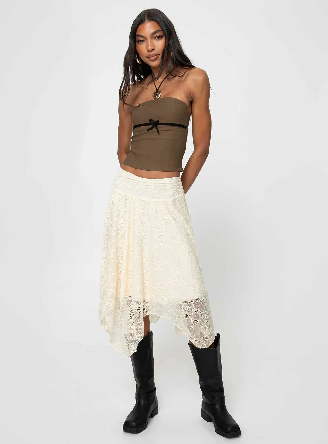 Flat Lay Collar Laser cut Enslee Midi Skirt Cream