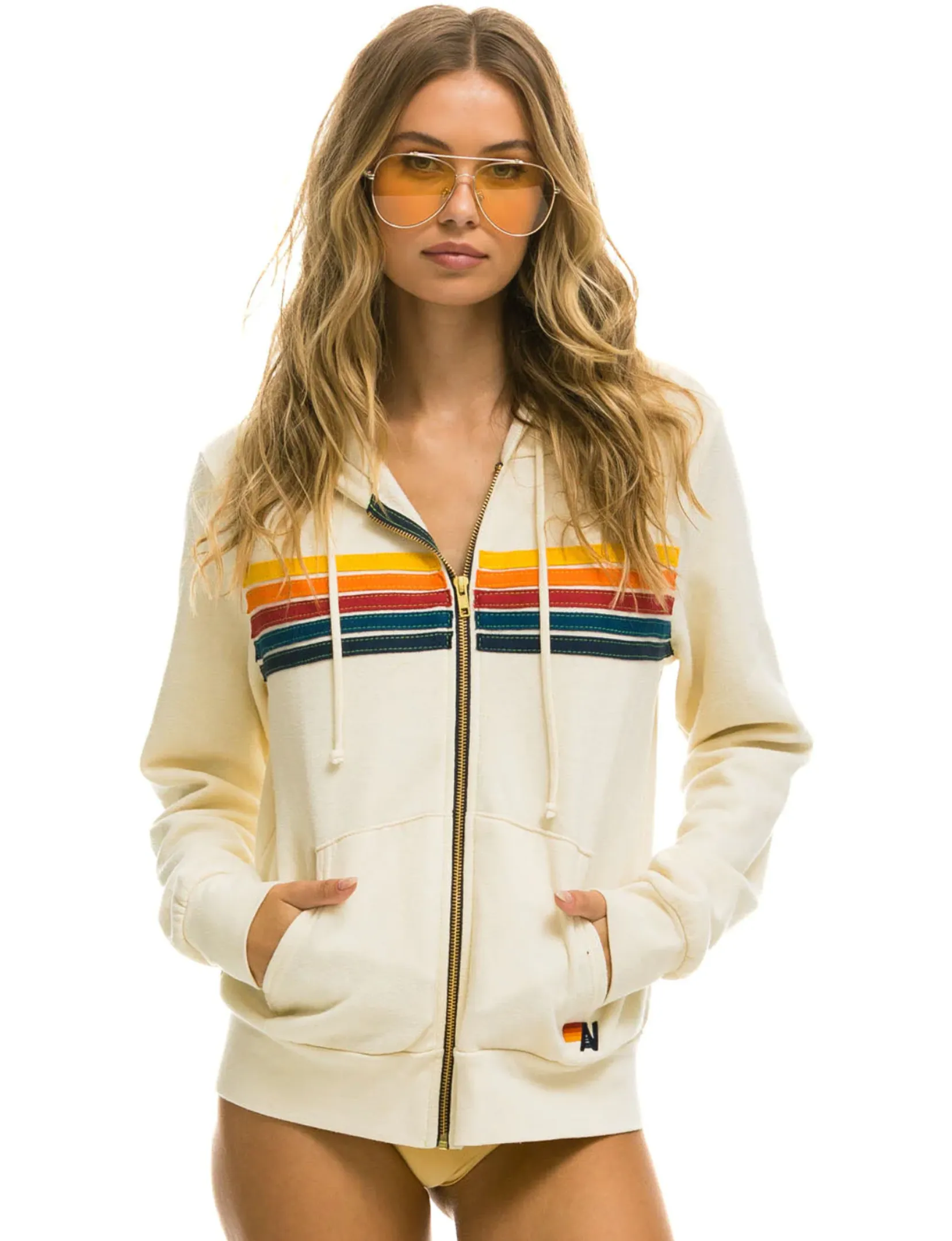 product brooch style Chic Hoodie 5 Stripe Zip Hoodie, Vintage White/Multi