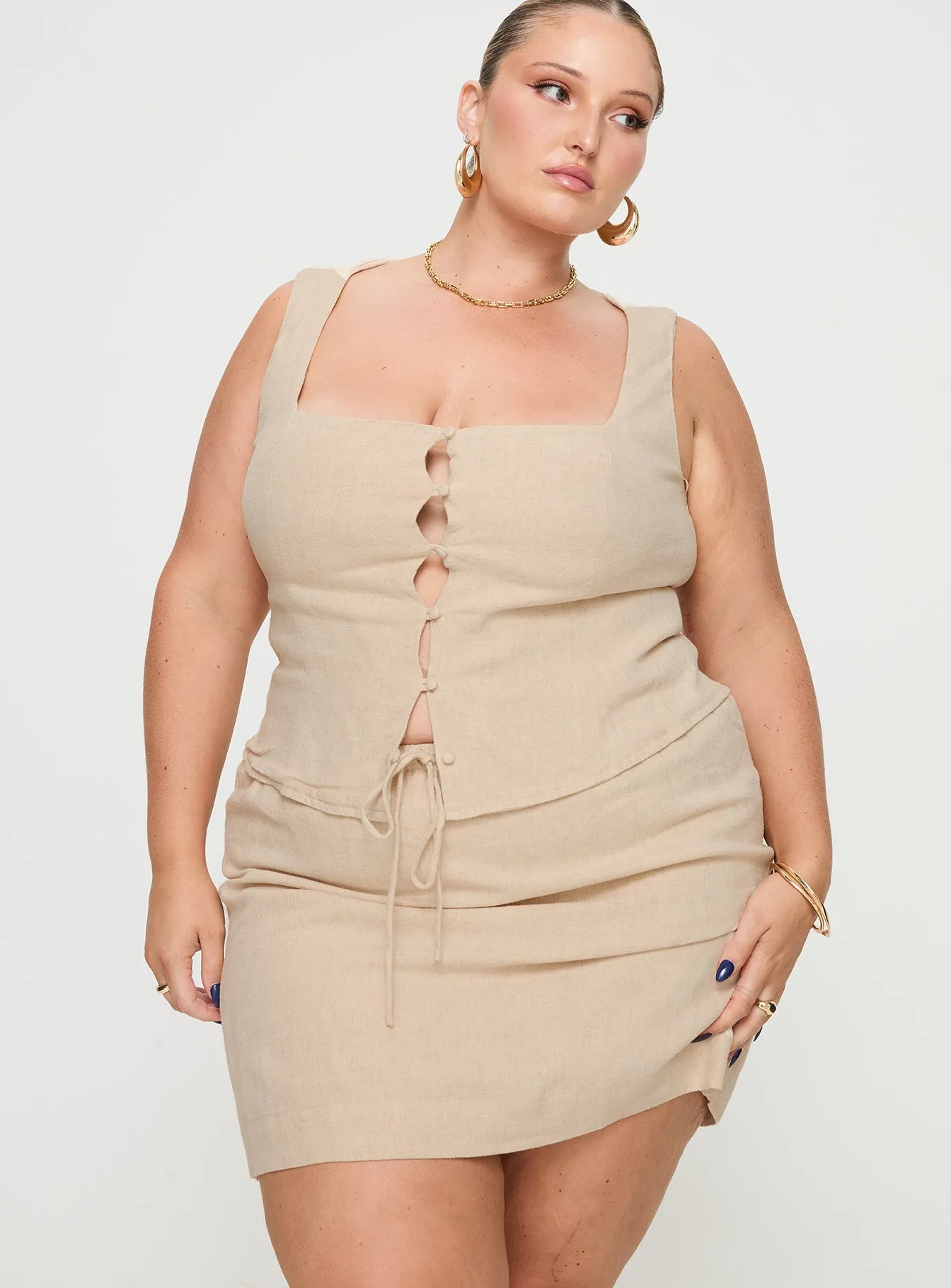 party look Floral Pattern Evry Linen Blend Mini Skirt Beige Curve