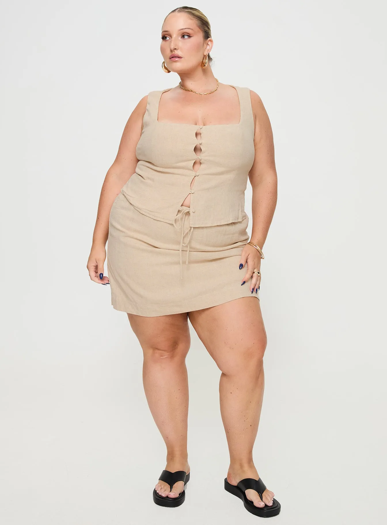 Evry Linen Blend Mini Skirt Beige Curve Adjustable drawstring Comfy Wear