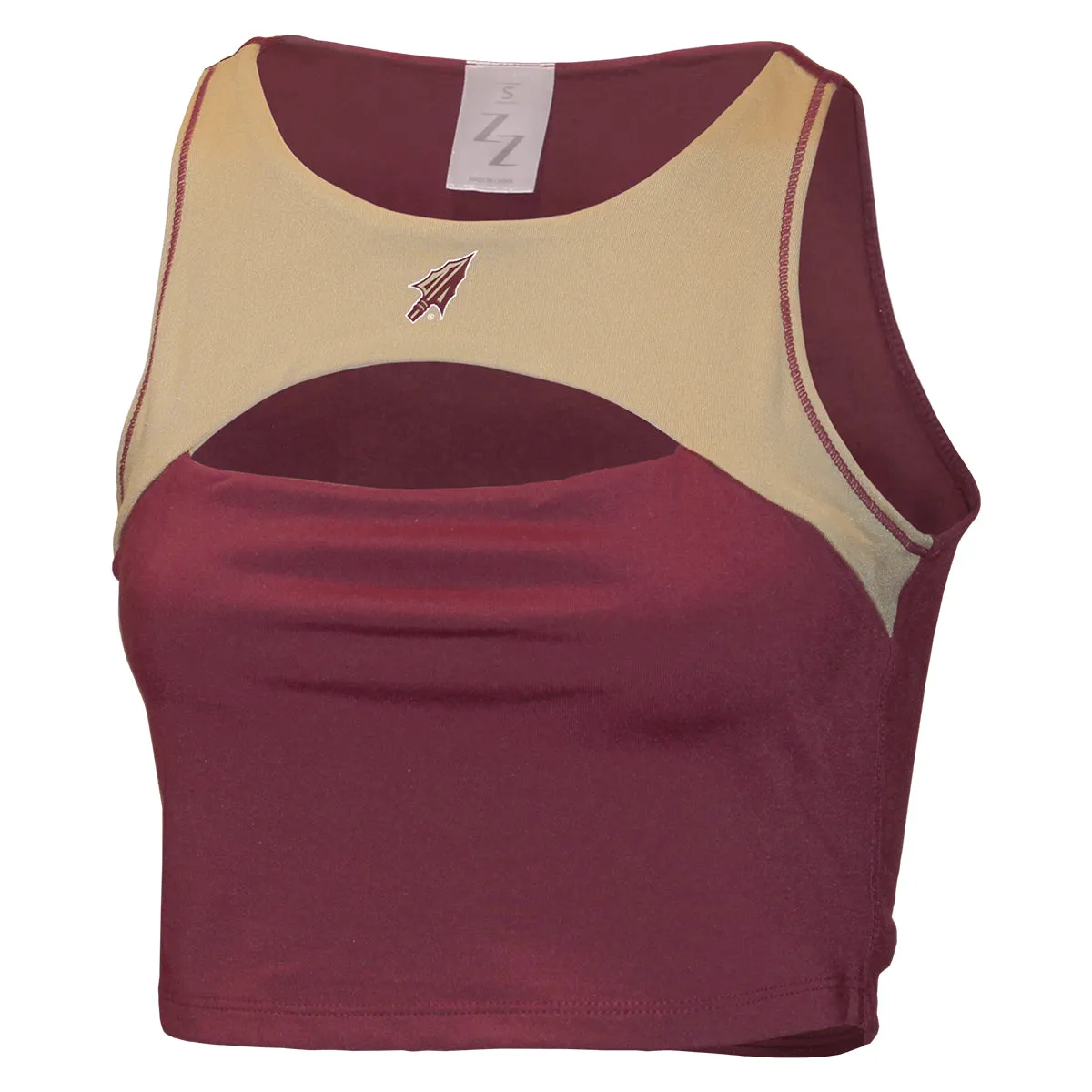 Sweat Proof Barrier Tension Balanced ZooZatz Women's Arrowhead Logo Peek-A-Boo Sports Bra Top - Garnet/Gold