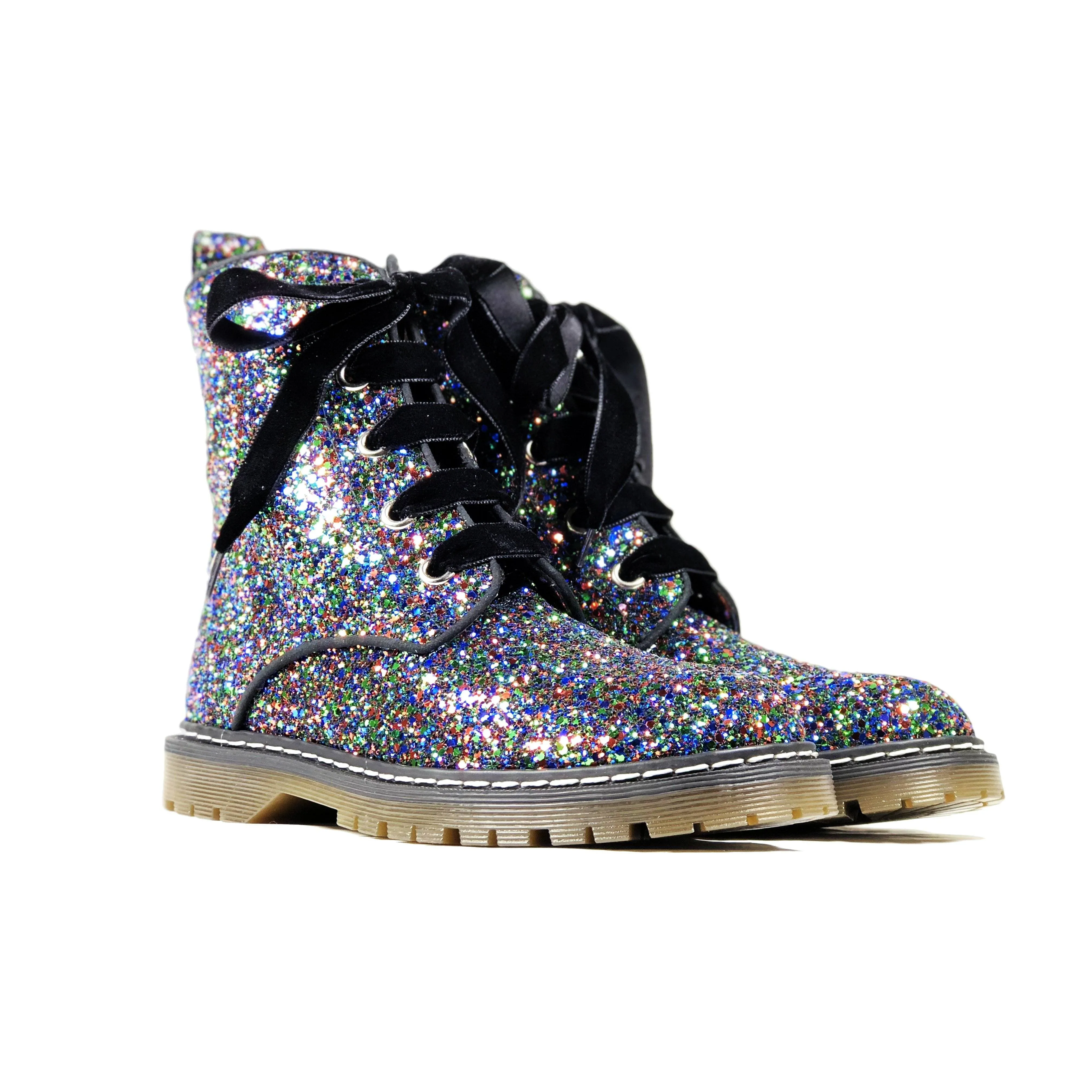 'Billie' Black/Multicolour Glitter vegan combat boots by Zette Shoes Thermal Core Stylish Explorer