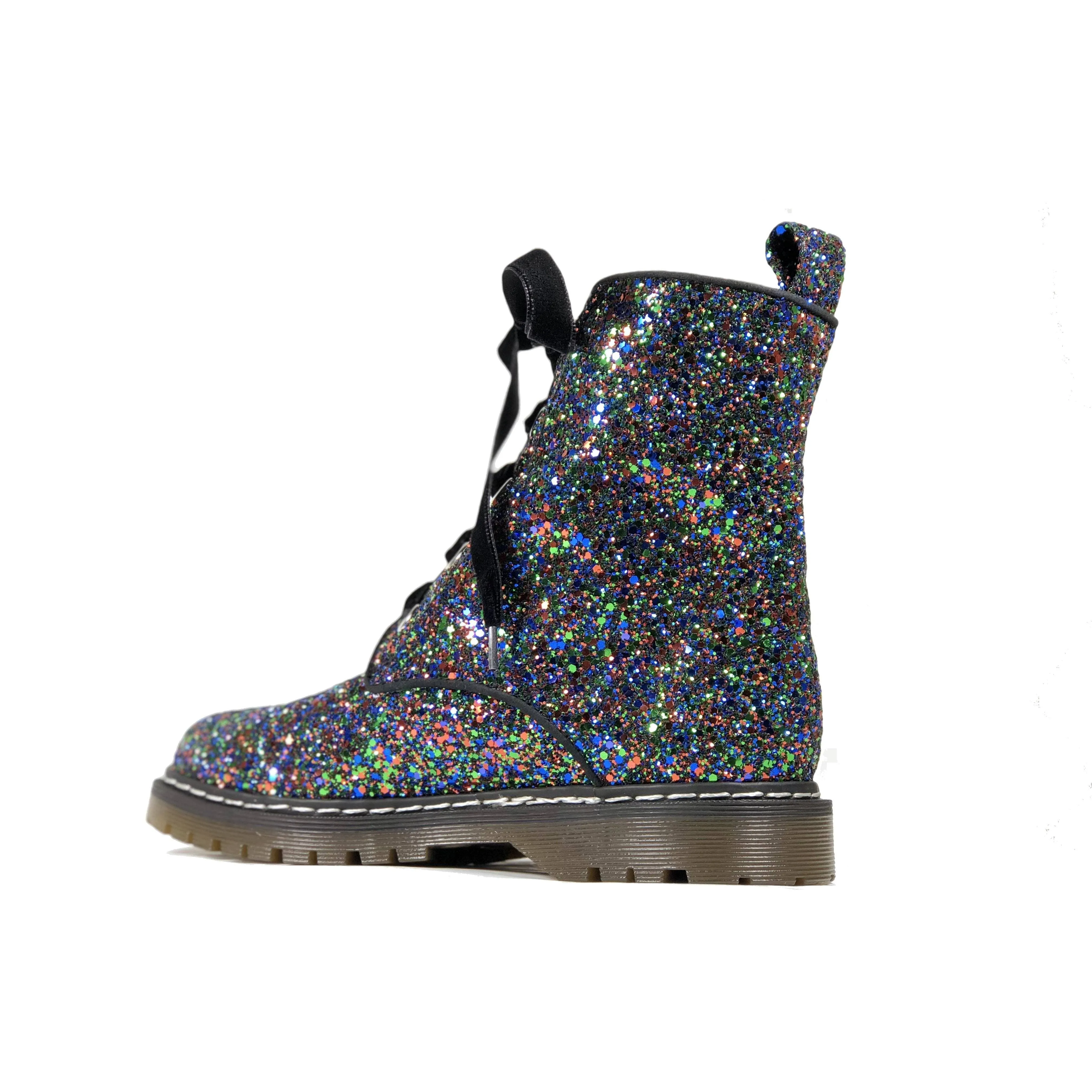 'Billie' Black/Multicolour Glitter vegan combat boots by Zette Shoes Secure And Comfortable