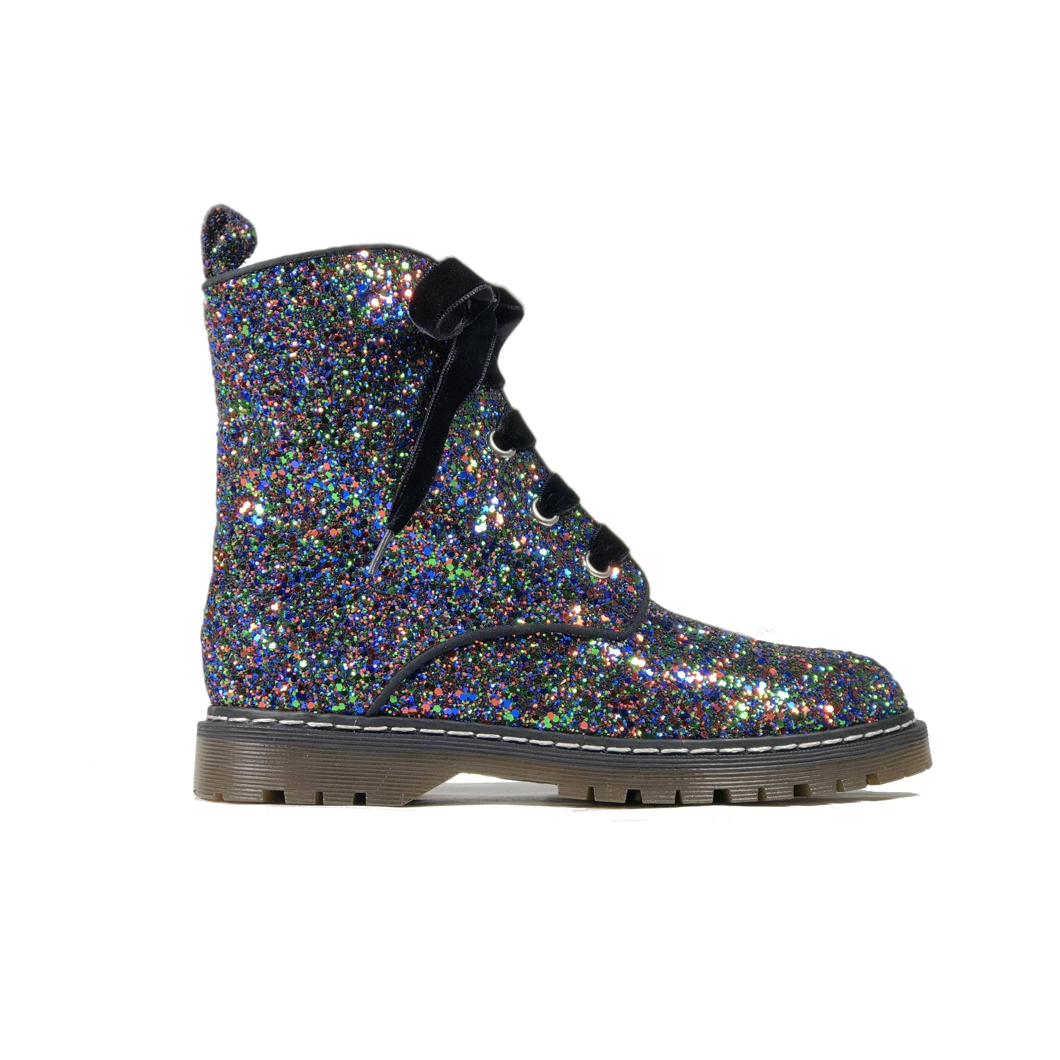 Shaft Height Options 'Billie' Black/Multicolour Glitter vegan combat boots by Zette Shoes