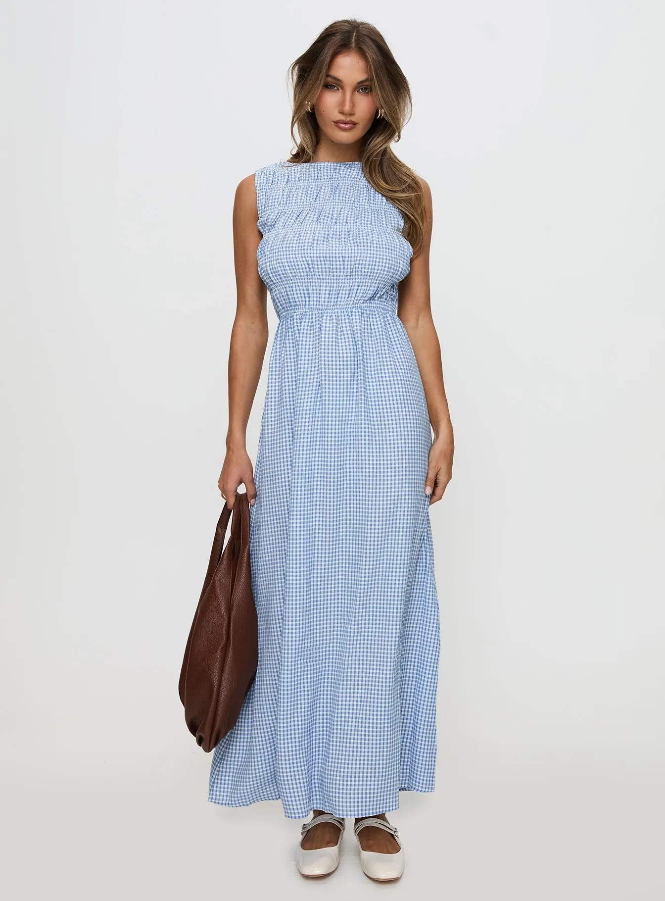 All Layer Lightweight-Lining Fables Shirred Maxi Dress Blue Gingham