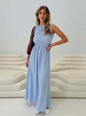 Fables Shirred Maxi Dress Blue Gingham Lace Accent Bold-Color