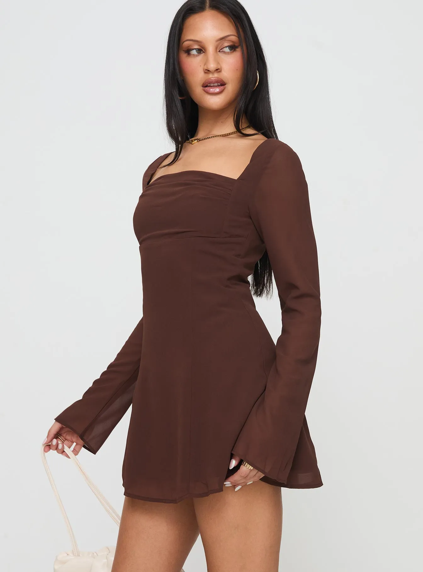 Valentin Long Sleeve Mini Dress Chocolate Pleat Breeze All Fit Style